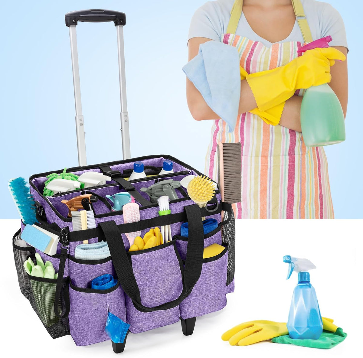 LoDrid Rolling Cleaning Caddy met afneembare trolley, draagbare schoonmaakwagen op wielen voor schoonmaakbenodigdheden met schouderriem voor huishoudsters, paars