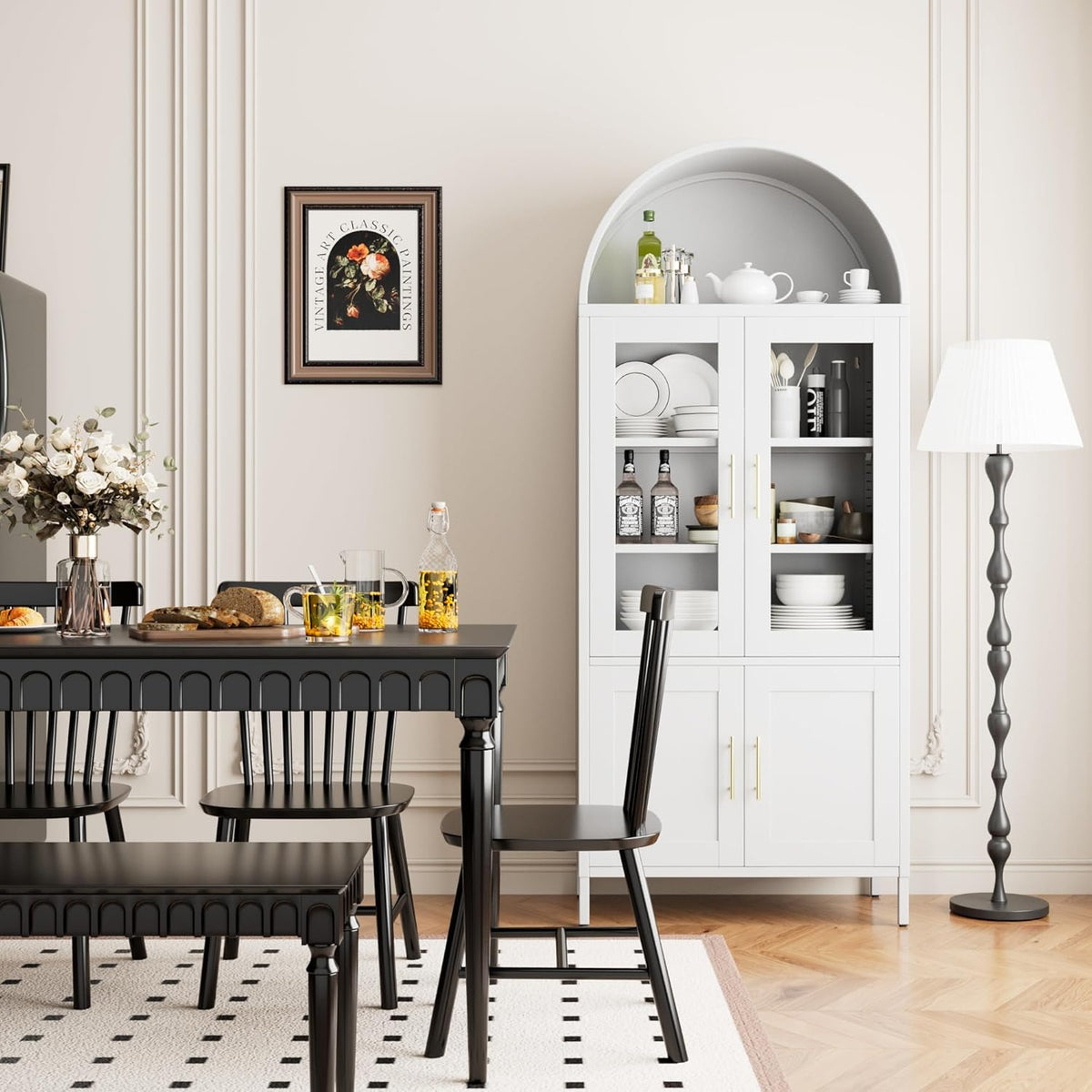 SUPEER Vitrinekast van metaal, dressoir, staande kast met gebogen dak, vitrinekast, keukenkast met 2 glazen deuren en 2 metalen deuren, glazen vitrinekast voor woonkamer, slaapkamer, 185 x 80 x 40 cm