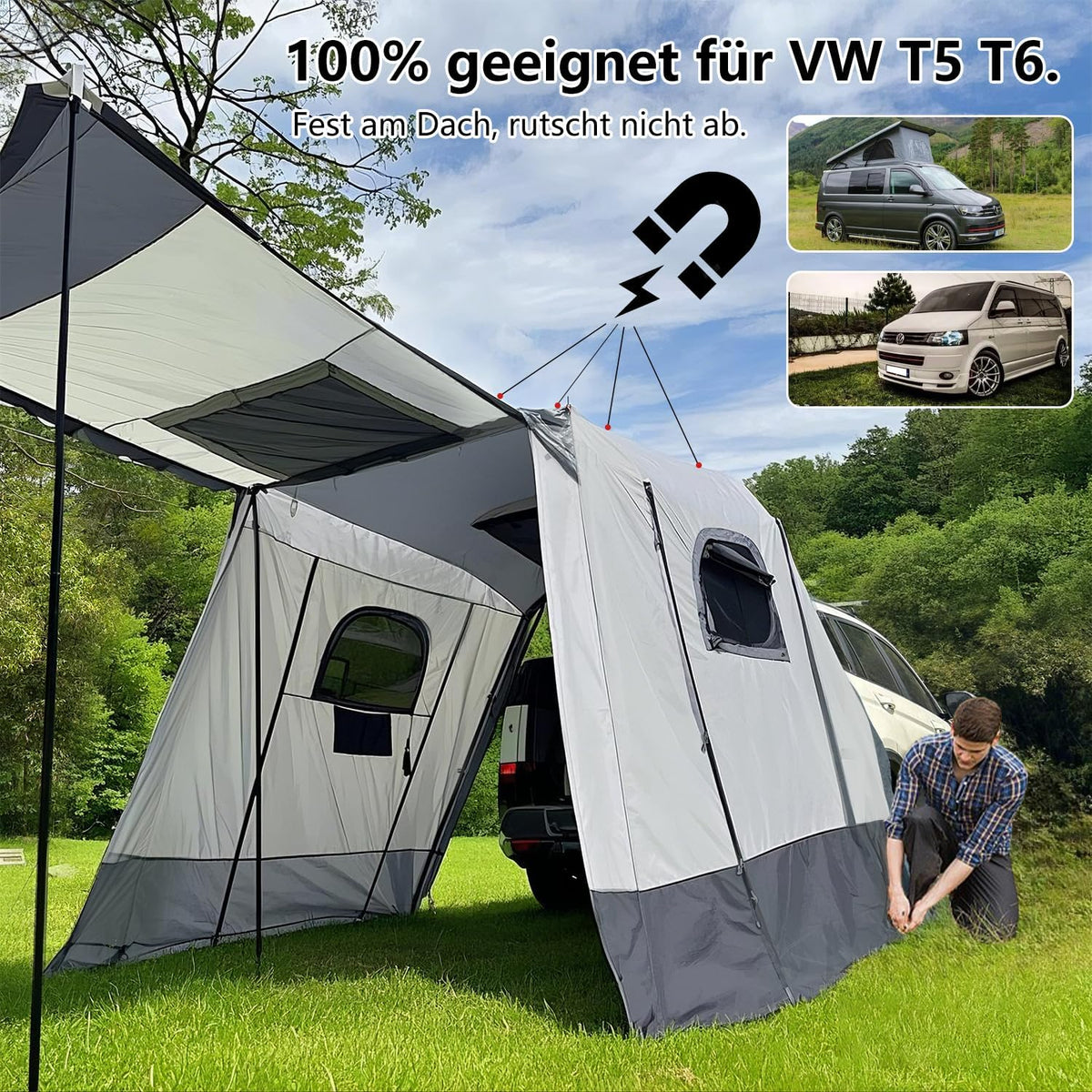 VW Tent 200 x 200 x 205 cm, Baktent Geschikt Volkswagen T5/T6, Caddy Tent Achterkleptent Voor 2–3 personen, Waterdicht tot 3000 mm, Achtertent VW T5 Ideaal VW Campingaccessoire.