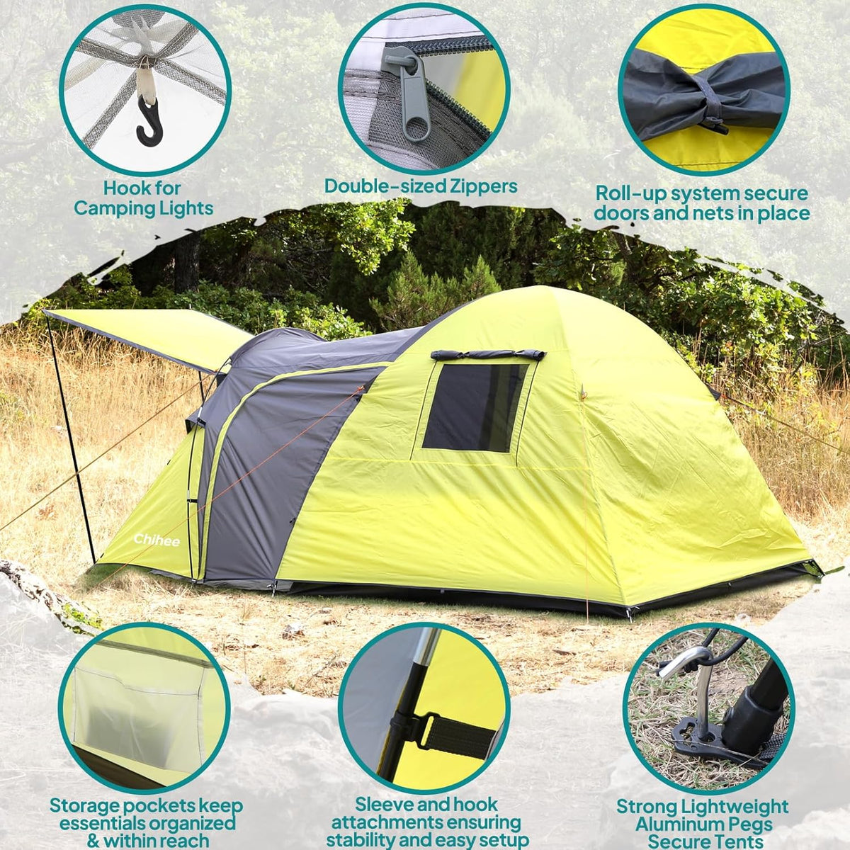 Chihee Campingtent voor 3 personen, dubbellaagse koepeltent, groot, 4 seizoenen, buitenhuis, waterdicht en winddicht, tent met regenbescherming, binnentent, onafhankelijk gebruikt