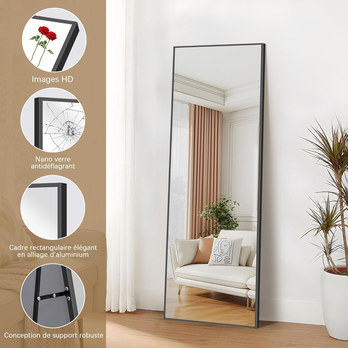 Weare Home Full body spiegel, 161 x 52 cm, staand en met frame van aluminiumlegering en houder voor woonkamer slaapkamer (zwart)