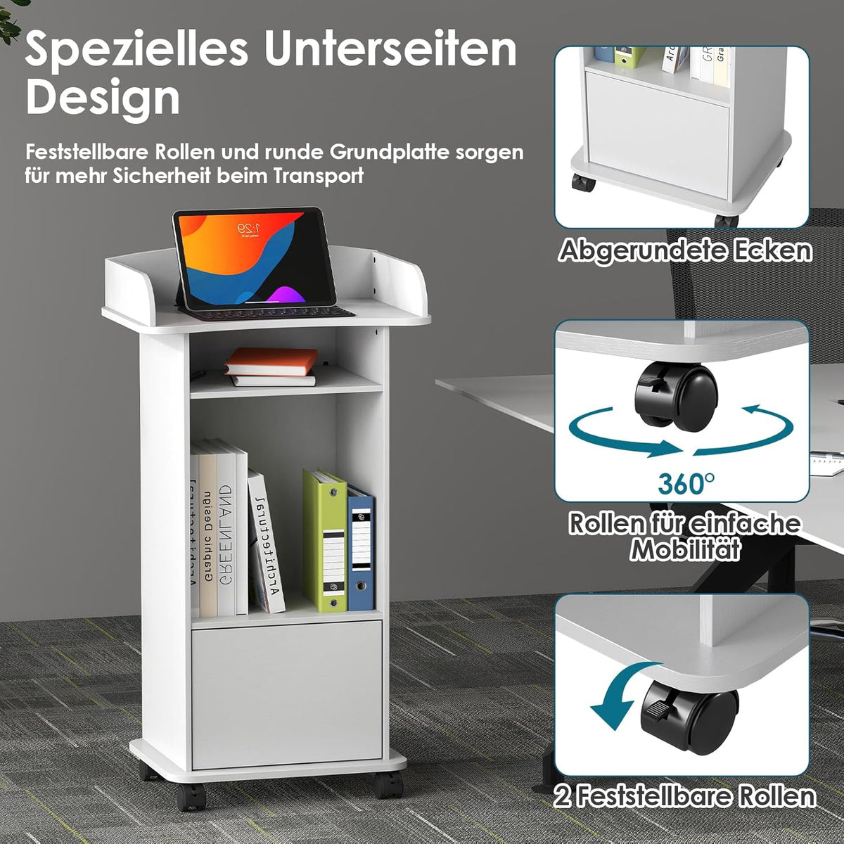 Sta-bureau, podiumstandaard met lade, sprekerbureau van hout met wieltjes, houten podium met meertraps plank voor scholen, huizen, seminars en kerken, wit (60 x 40 x 101 cm)