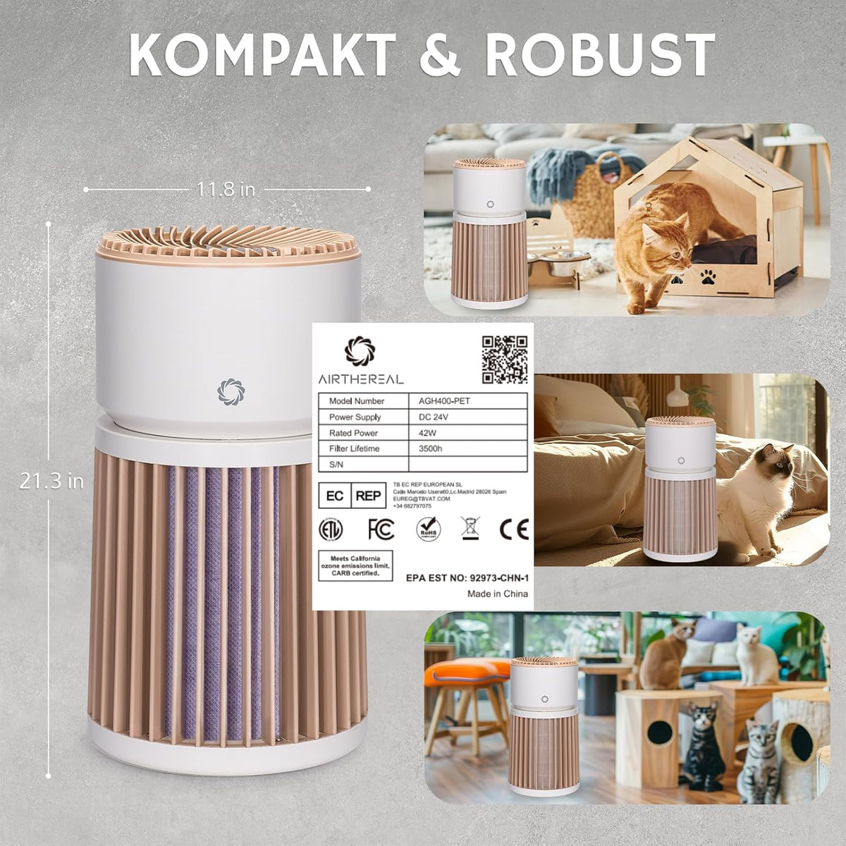 Airthereal Luchtreiniger voor dieren, grote ruimte 325 m², filter H13 paars, geurverwijderaar, haren, stof en rook, gespecialiseerde reiniger, sensor PM2.5, AGH400-PET