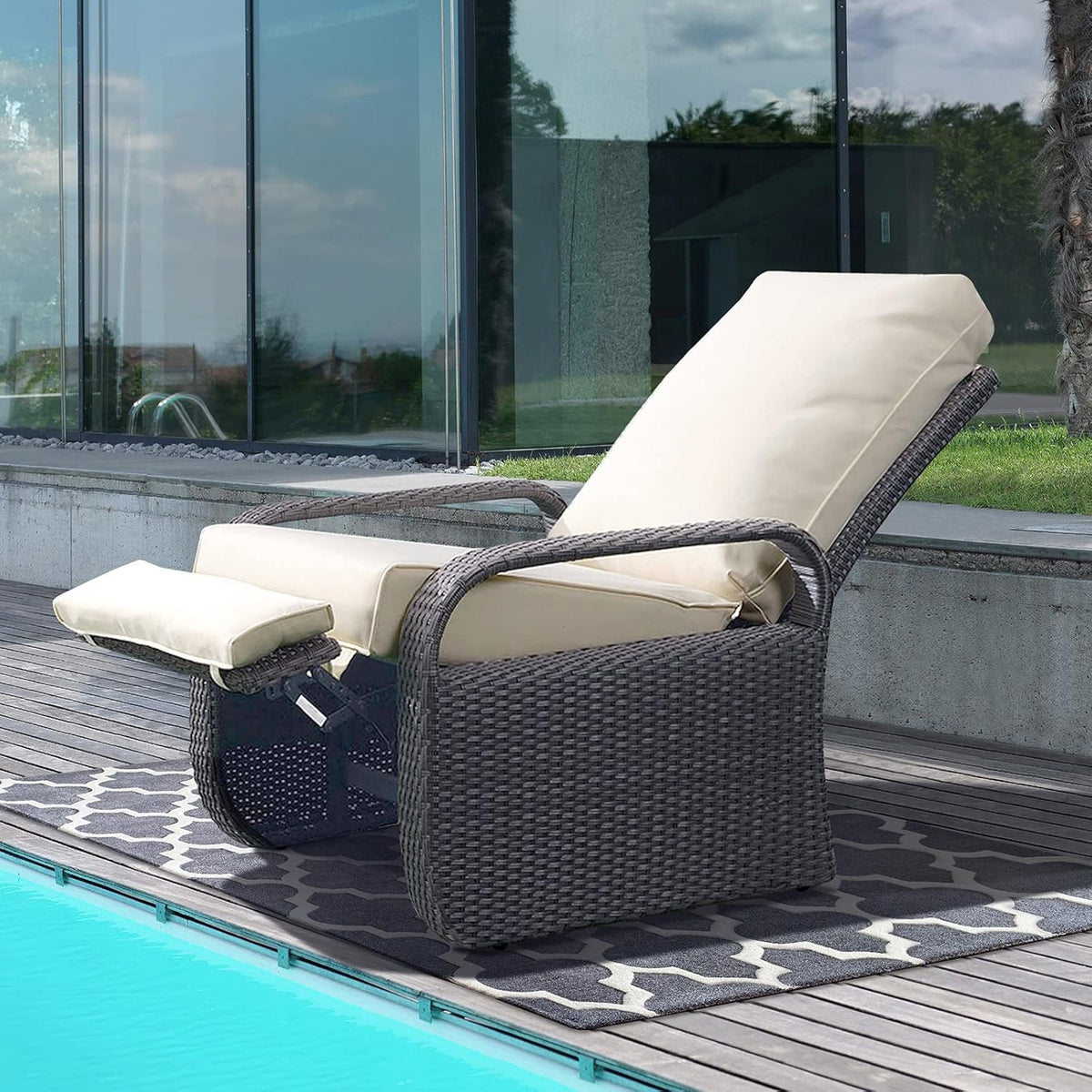 ATR ART TO REAL Garden Armchairs, Adjustable Position Height Adjustable Patio Chair, Aluminium Frame with Hand Woven Resin Rattan, Garden Furniture Lounger, Grey Braid+Beige Cushion - QUORE