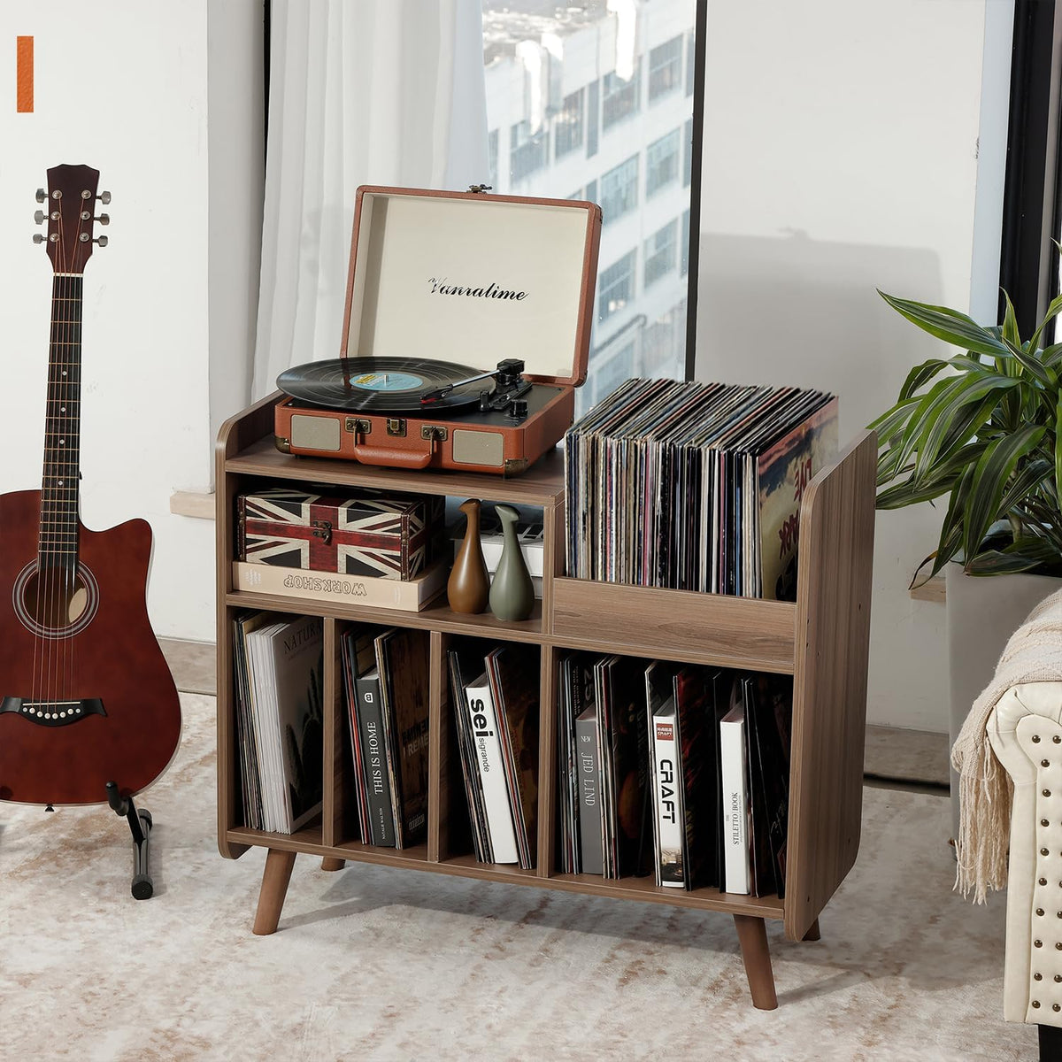 Record Player Stand, Large Turntable Cabinet with Open Vinyl Storage and Display Shelf for Up to 350 Albums, Mid-Century Wooden Turntable for Living Room, Bedroom