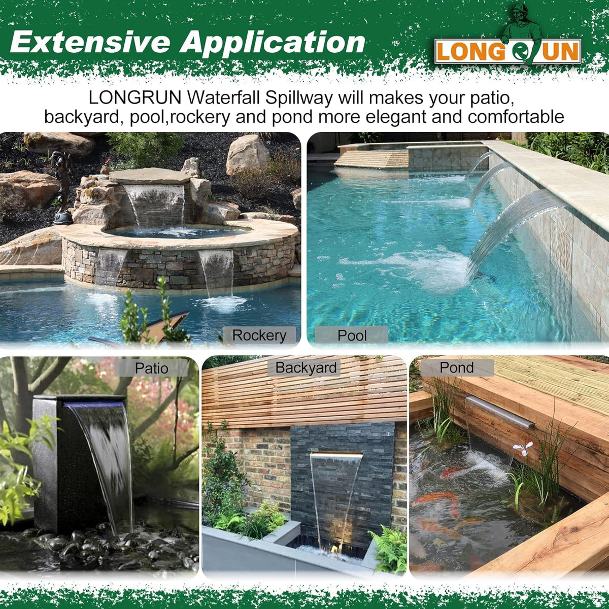 LONGRUN roestvrijstalen waterval overlaat, app-besturing Multi-colour LED-licht buitenzwembadfontein, water spillway koi vijver watervallen fonteinen kit voor tuin patio zwembad decoratie-30cm