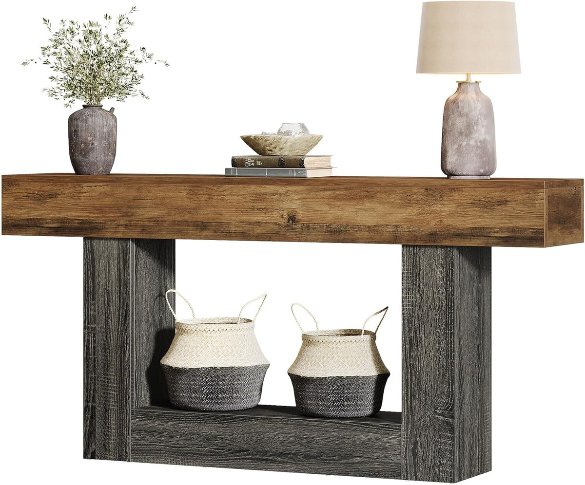 Tribesigns Console Table, Entrance Table, Coffee Table with Storage, Wooden Table Behind Sofa, for Living Room and Entrance, Country, 2 Levels, 160 cm, Rustic Brown and Grey