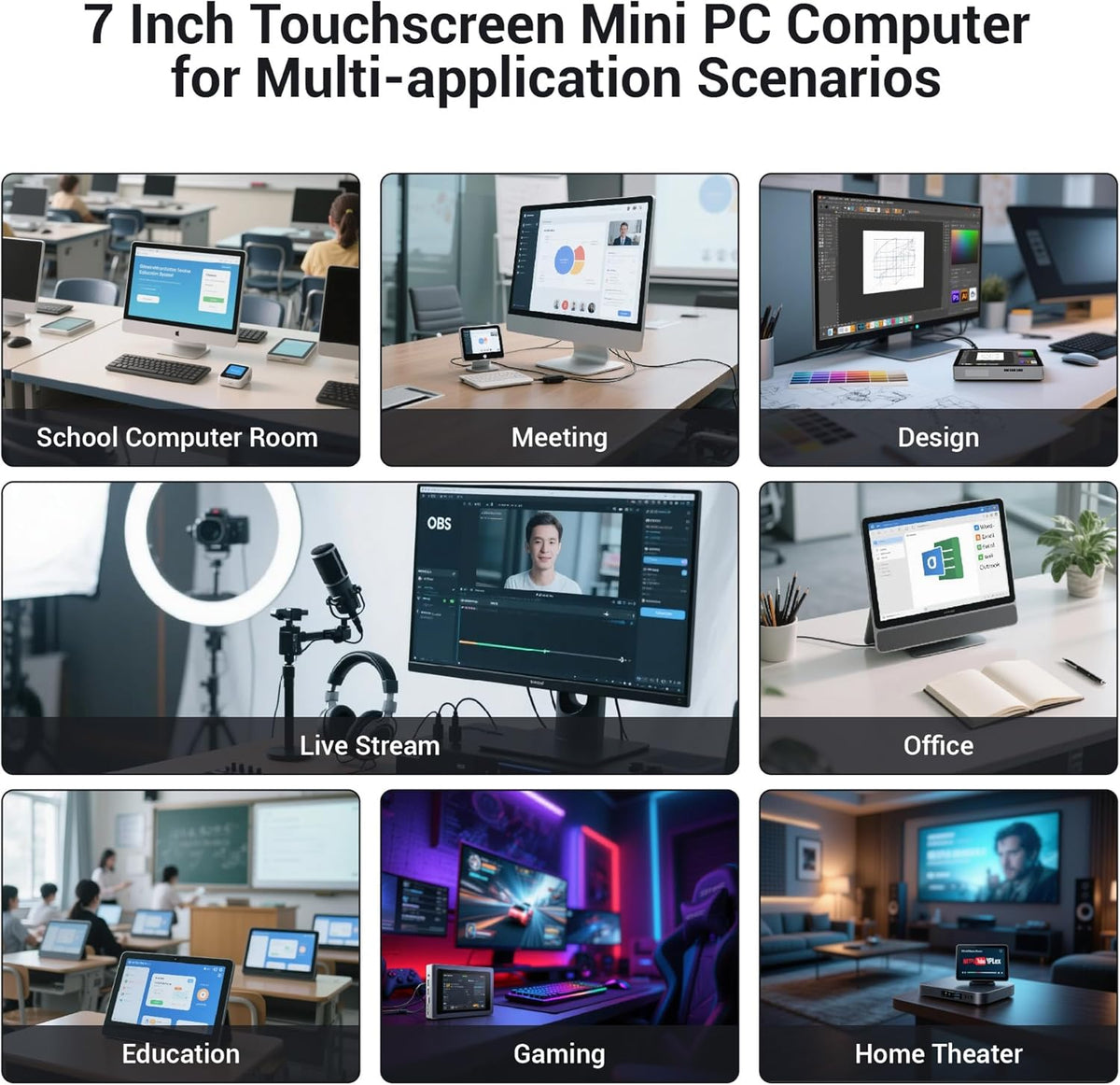 Mini PC Win 11 Pro, 12 Gen N95 (3.4 GHz), 7 Inch Screen, 8 GB RAM, 128 GB eMMC with Battery, USB-C Mini Computers, 2.5 GbE LAN Desktop Computer, Dual Display, 4K 60Hz, HDMI WiFi 5 BT 5.0