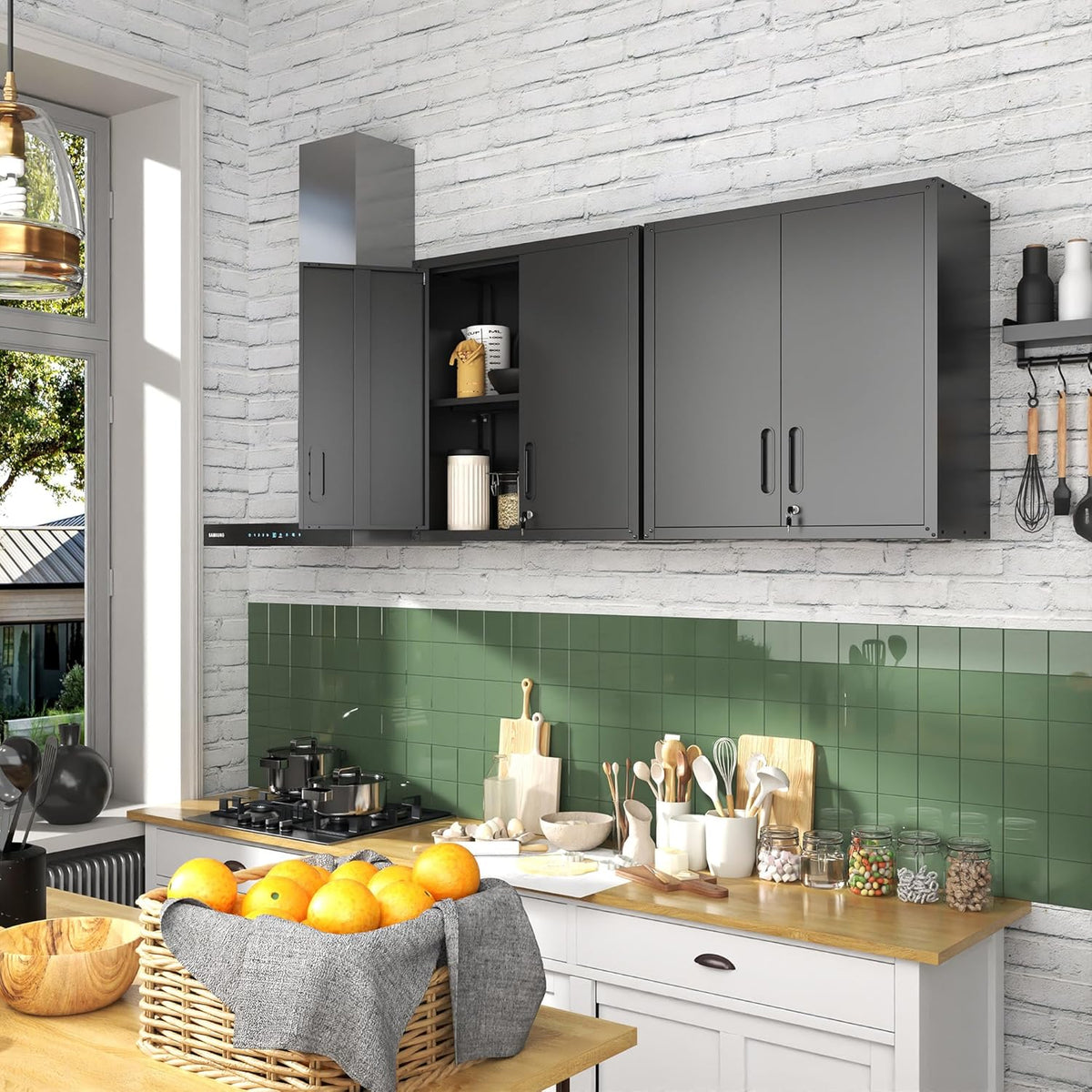 Garage wandkast met deuren en planken, metalen wandkast met slot, hangende gereedschapskast voor garage, utility kamer, zwart