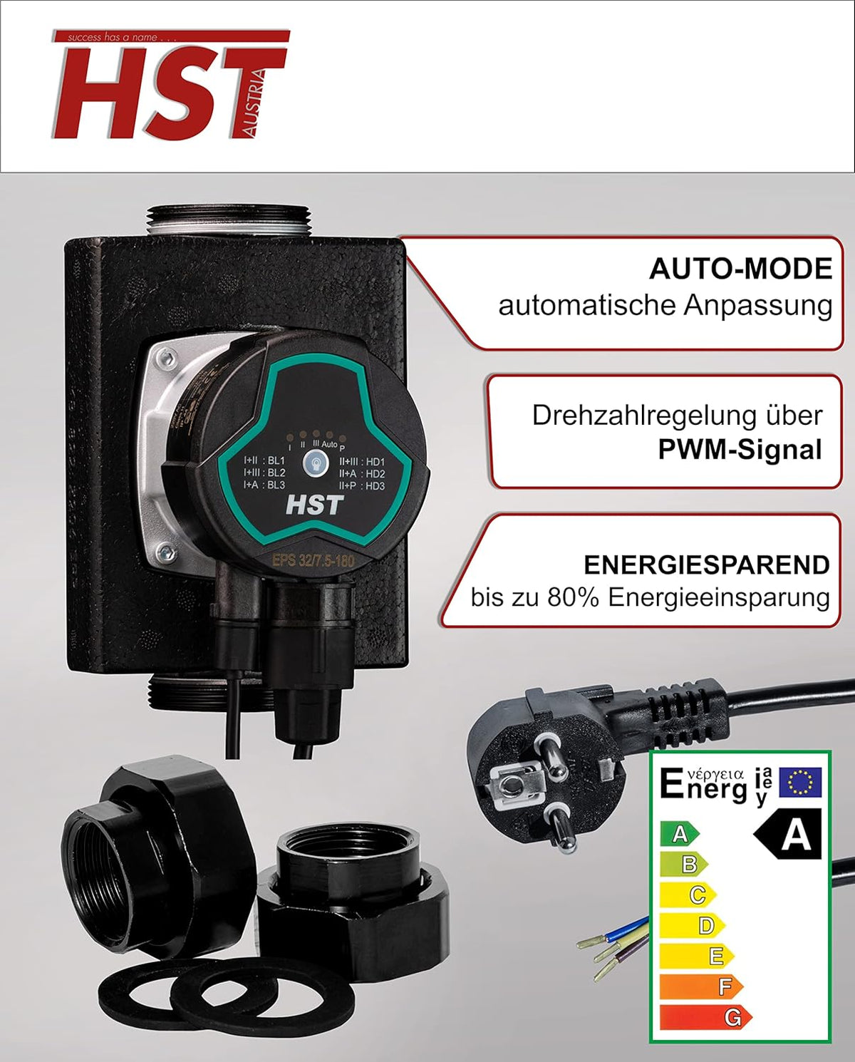 HST | zeer efficiënte verwarmingspomp | circulatiepomp | HST EPS 32-7,5/180 mm | opvoerhoogte 7,5 meter | toerentalregeling via PWM-signaal