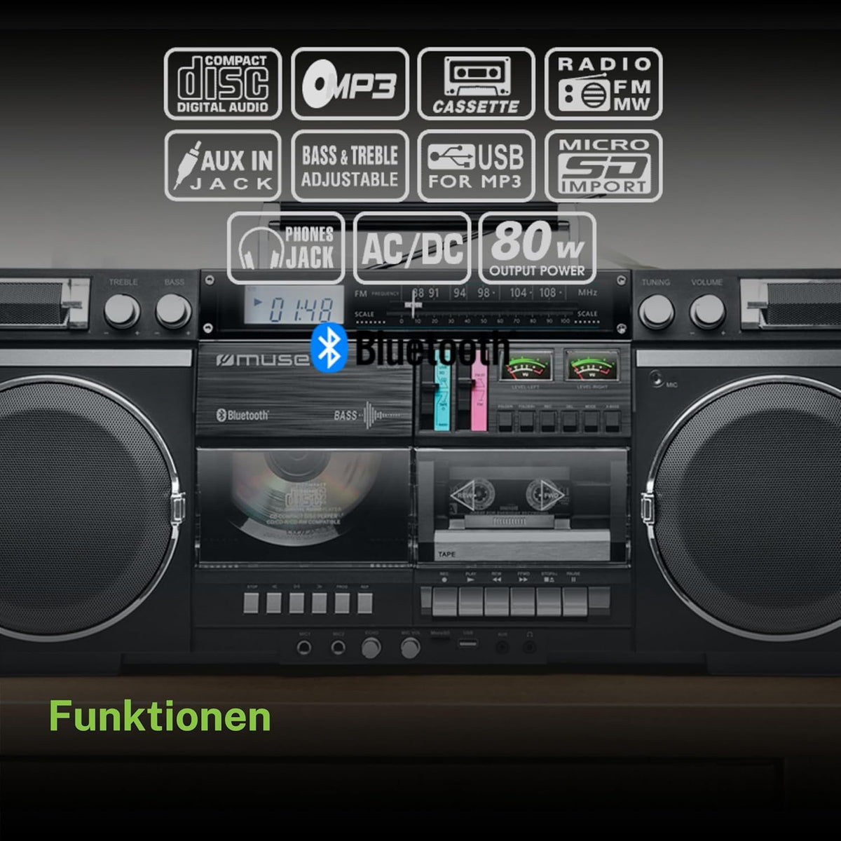 MUSE Bluetooth Retro Boombox met radio, CD, cassetterecorder, 80 W uitgangsvermogen, USB, aux, Micro SD-kaartsleuf