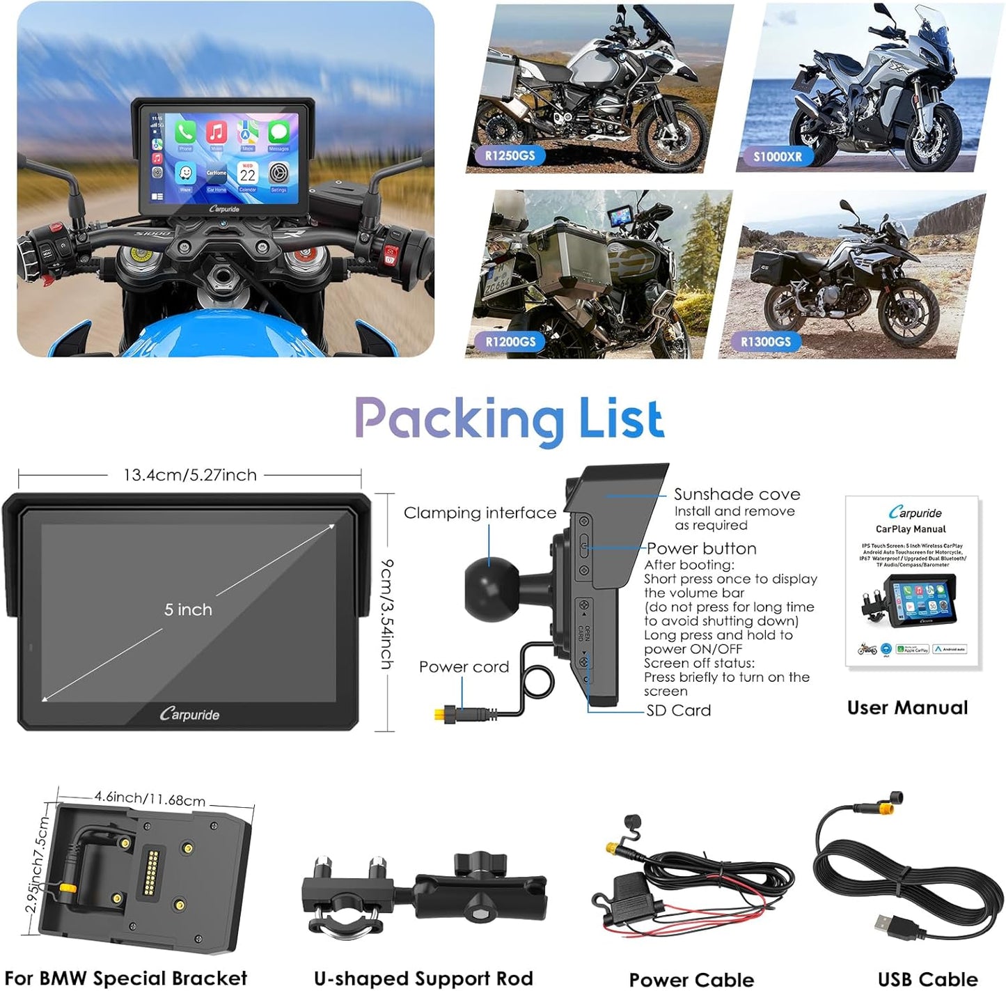 Carpuride W502B Pro voor B.M W Motorfiets CarPlay & Android Auto & Dual Bluetooth, 5" Waterdicht GPS Navigatiescherm voor Motorfiets, Muziek Delen, Intercom, EQ, Lichtsensor, Kompas, Barometer