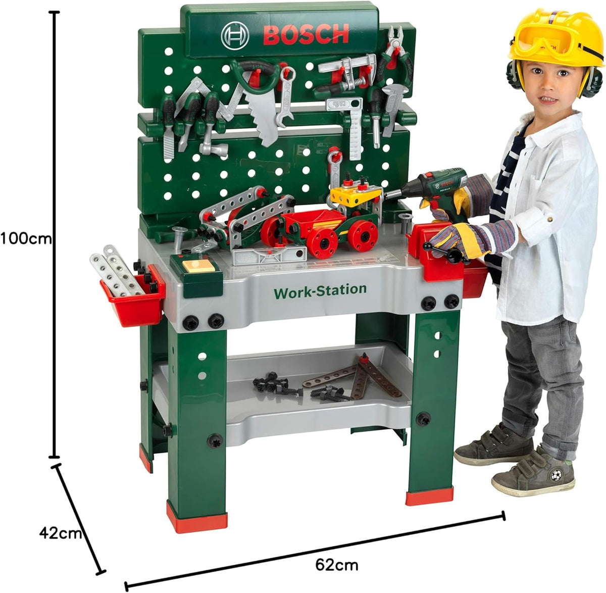 Theo Klein 8485 Bosch werkbank nr. 1 I 150 onderdelen I Inclusief accessoires | Accuschroevendraaier op batterijen met licht en geluid I Voor kinderen vanaf 3 jaar