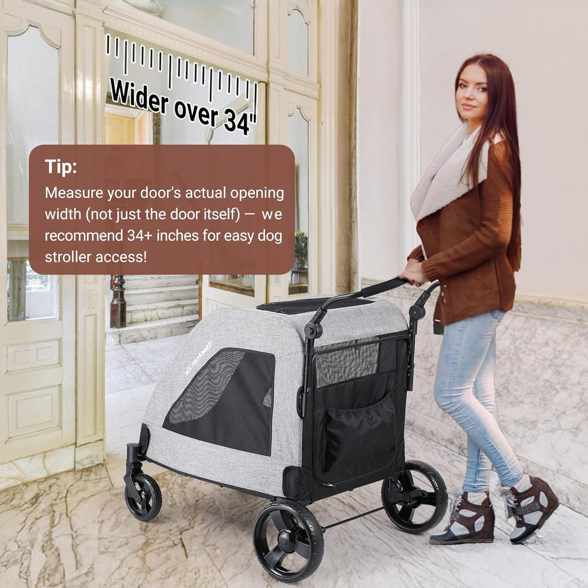 EchoSmile Hondenwagen voor middelgrote en grote honden tot 70 kg, opvouwbare hondenbuggy met netramen, verstelbare handgreep en 4 wielen voor terrein, grijs