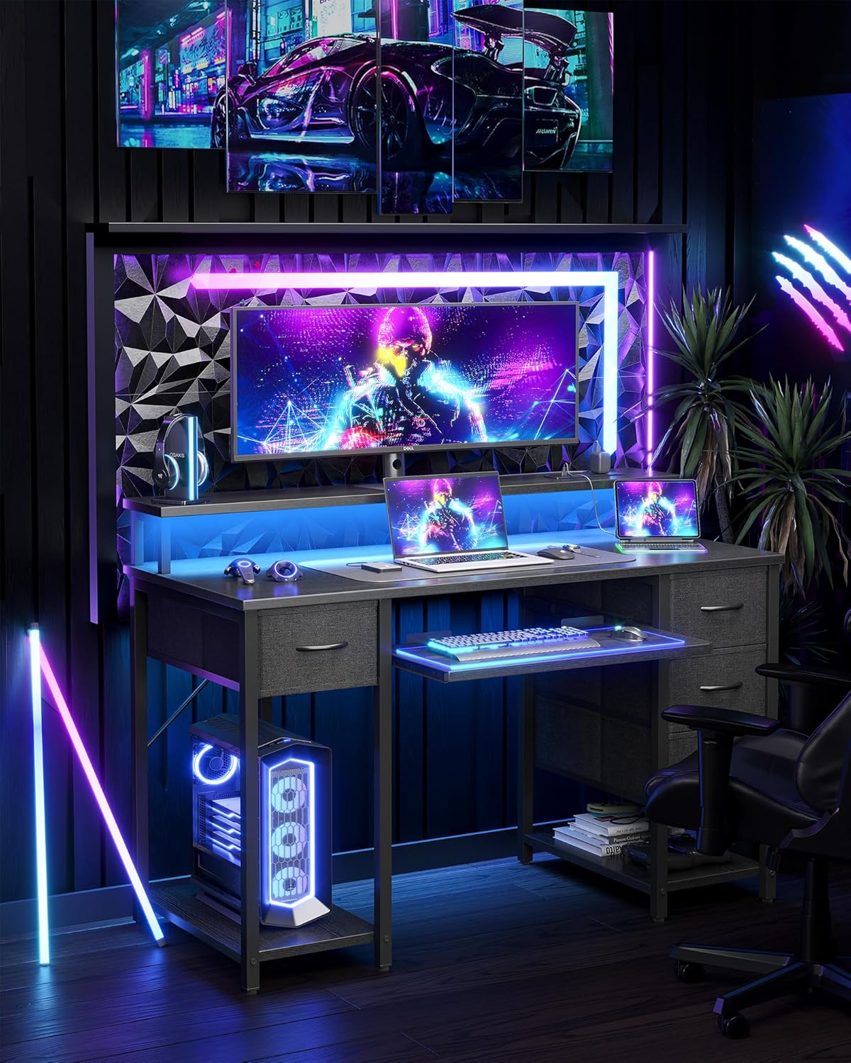 BEXEVUE Modern Desk Power Outlets LED - 120x50cm Gaming Computer Table, Keyboard Tray 4 Reversible Drawers, Large Storage Bookshelf Workstation for Study Play Work Sleep Room Home Office - QUORE