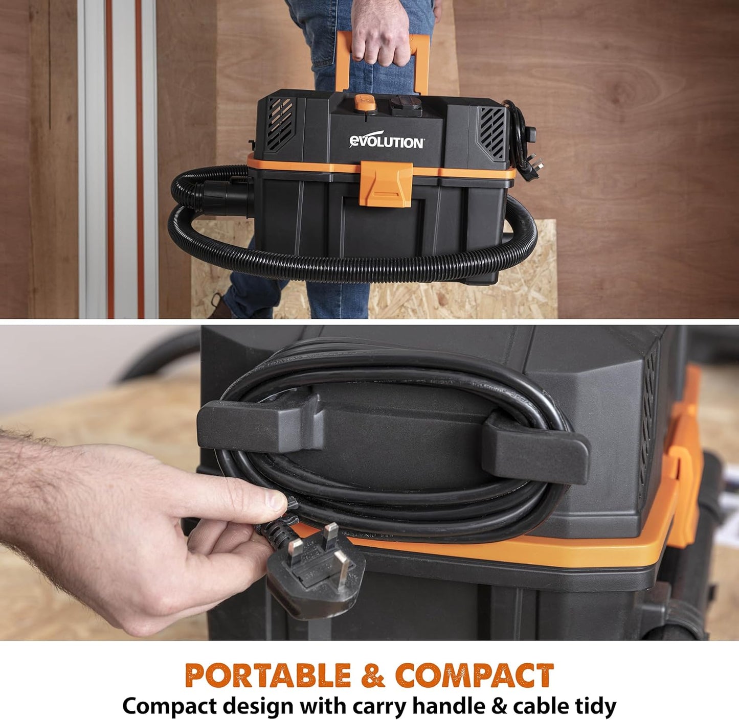 Evolution Power Tools R15VAC Stofzuiger Nat en Droog Vac, Draagbaar en Lichtgewicht Ideale Stofafzuiger voor Zaagsel in Werkplaatsen, Met Power Take-Off, Bedraad, Oranje