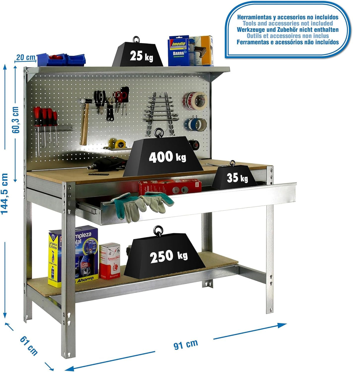 Simon Rack Sterke Werkbank met Lade, Bovenplank en Geperforeerd Paneel, 1445x910x610 mm, 400 kg Draagvermogen, Metalen Frame en Houten Werkblad, Compleet voor Werkplaats, Gegalvaniseerd/Hout – BT3
