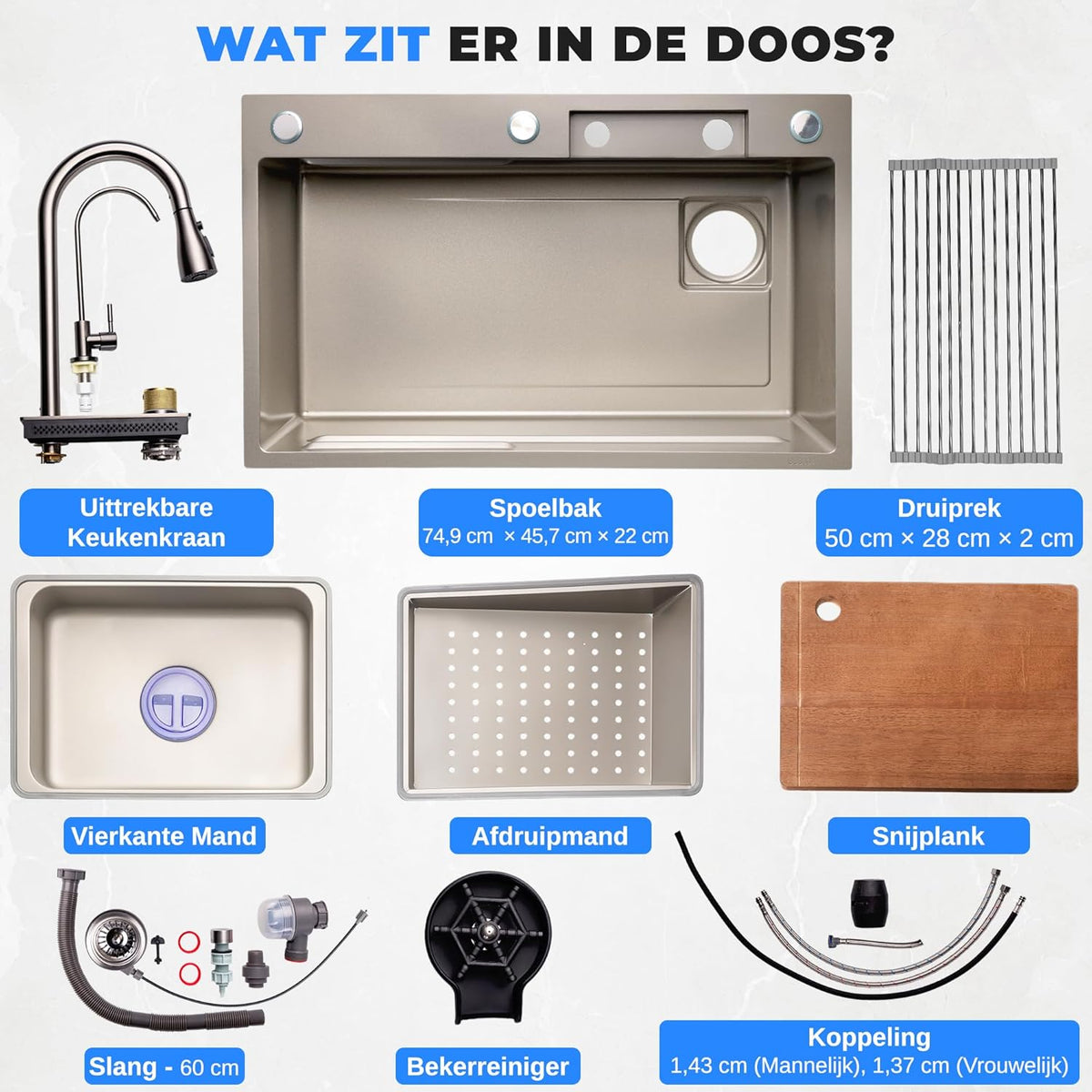 SereneLife Stainless Steel Kitchen Sink – Undermount & Surfaced, 13 Gauge, 76 x 46 x 23 cm, Includes Faucet, Stainless Steel Racket, Strainer Basket, Cutting Board & Cup Cleaner, Grey - QUORE