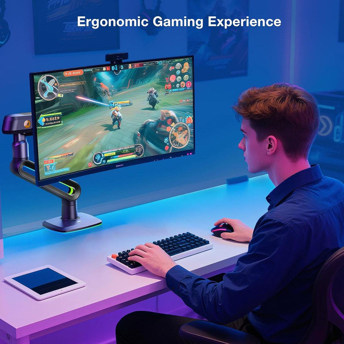 Monitor arm met RGB verlichting – Zwart – Monitorhouder, monitorsteun, schermarm, beeldschermhouder – Voor vlakke, ultrabrede en gebogen schermen van 32 tot 60 inch – Belastbaar tot 20 kg, VESA 75x75 en 100x100 mm