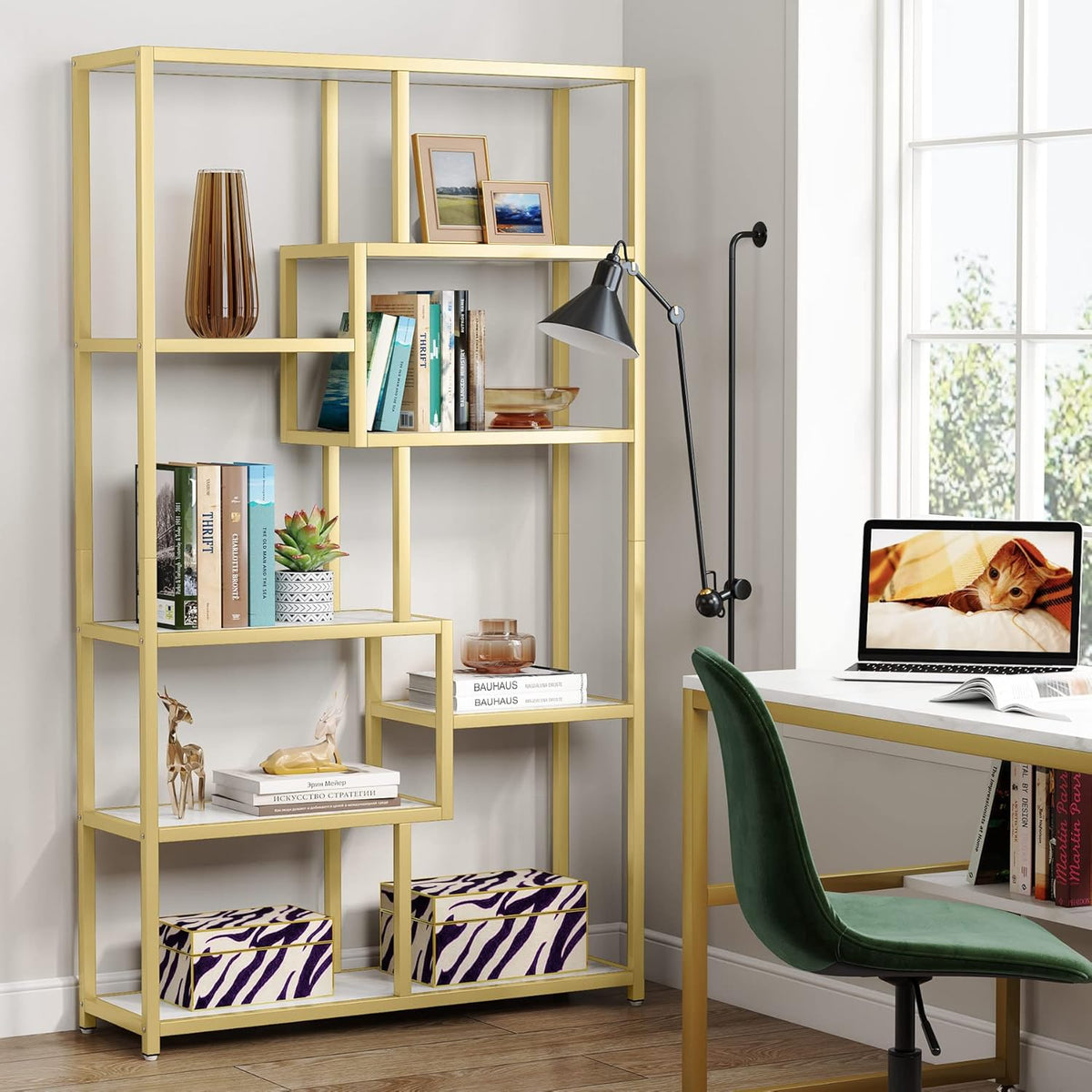 Tribesigns 8 Open Level Bookcase Gold Marble Look Modern Bookcase Organizer for Home Office