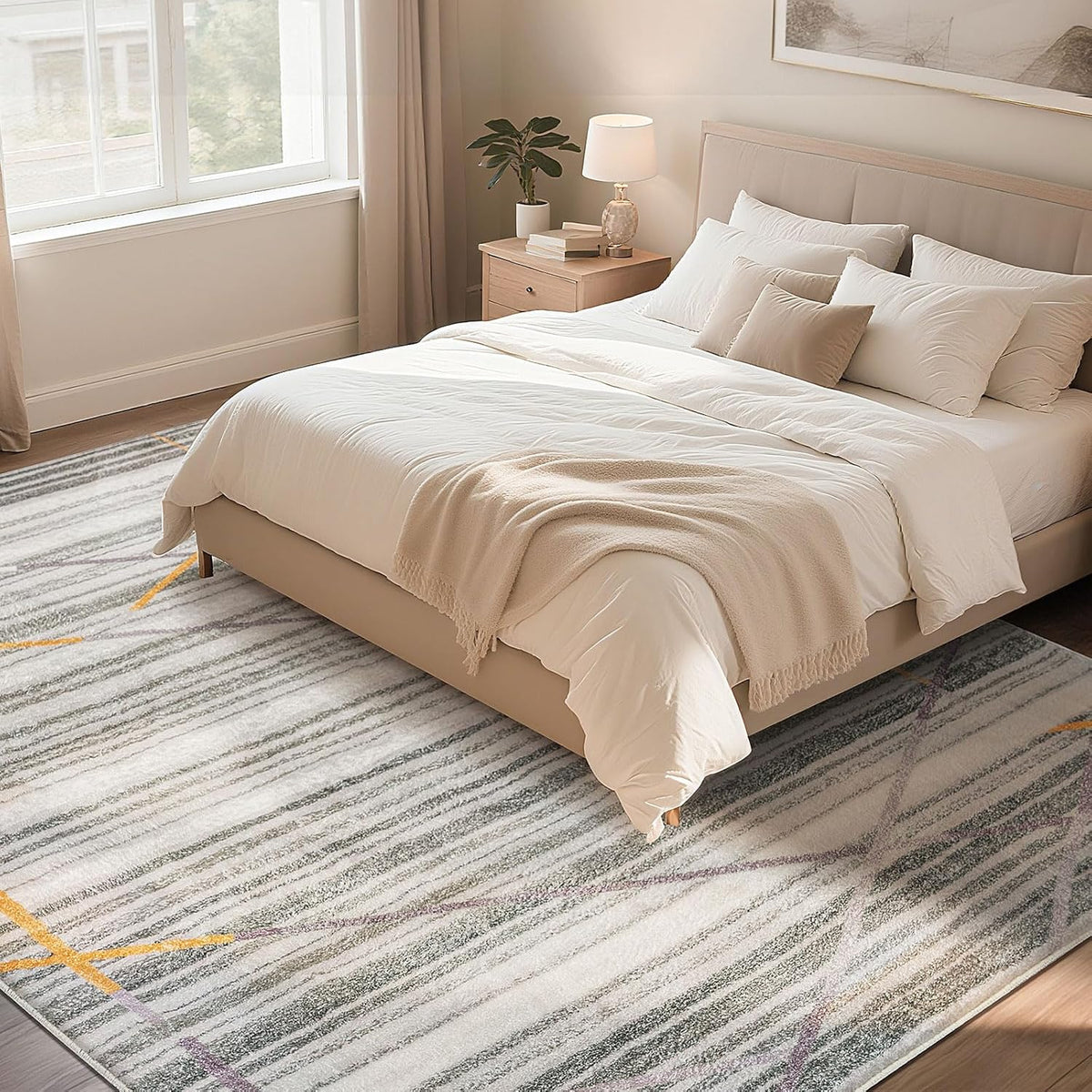 Vloerkleden voor woonkamer, slaapkamer, modern, laagpolig tapijt, Boheems tapijt, abstract, geometrisch patroon met rechte lijn, tapijten, antislip, groot tapijt (grijs/gestreept multi, 200