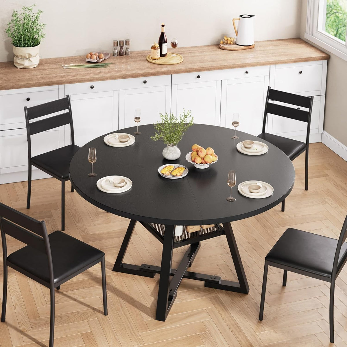 Ronde eettafel voor 2-4 personen, cirkel eettafel met planken, ruimtebesparend houten keuken- en eetkamermeubilair (zwart, 42 inch