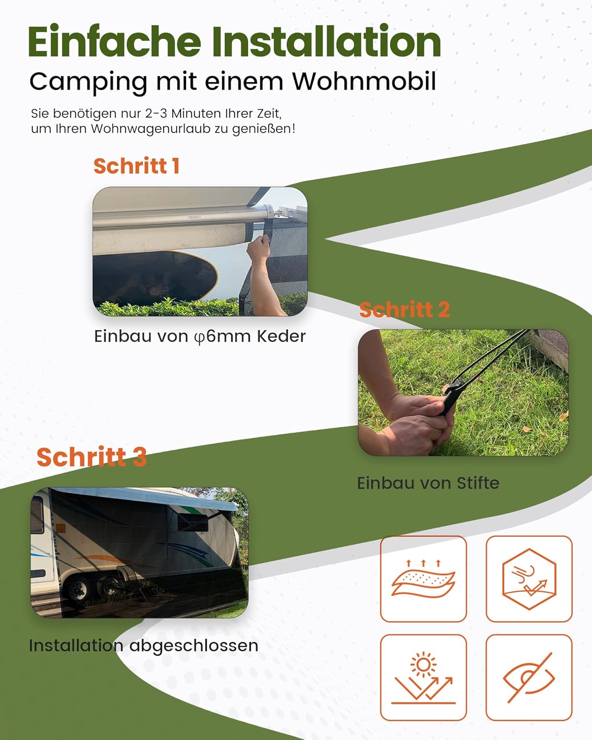 Zonnescherm voor voortent camper, 85% zichtblocker Markisen, zichtbescherming voortent voor campingwagen, camper, caravan (Hoogte 2,13m x Breedte 3,3m)