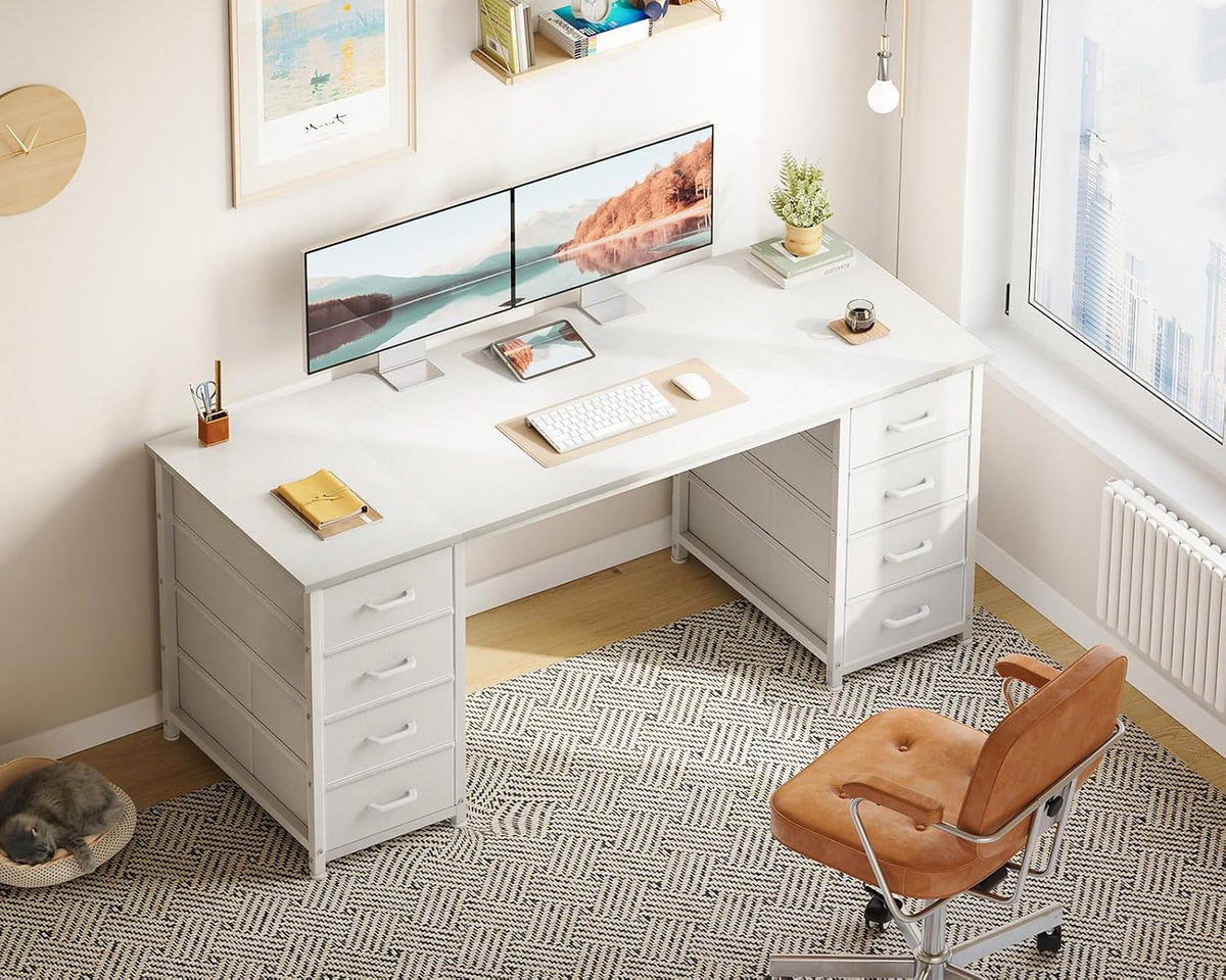 Coleshome Bureau met 8 Stoffen Laden, 140 x 48 cm, Wit Bureau met Opbergruimte, Computertafel, Bureautafel, PC-Tafel, Kantoortafel voor Kantoor, Woonkamer, Thuiskantoor
