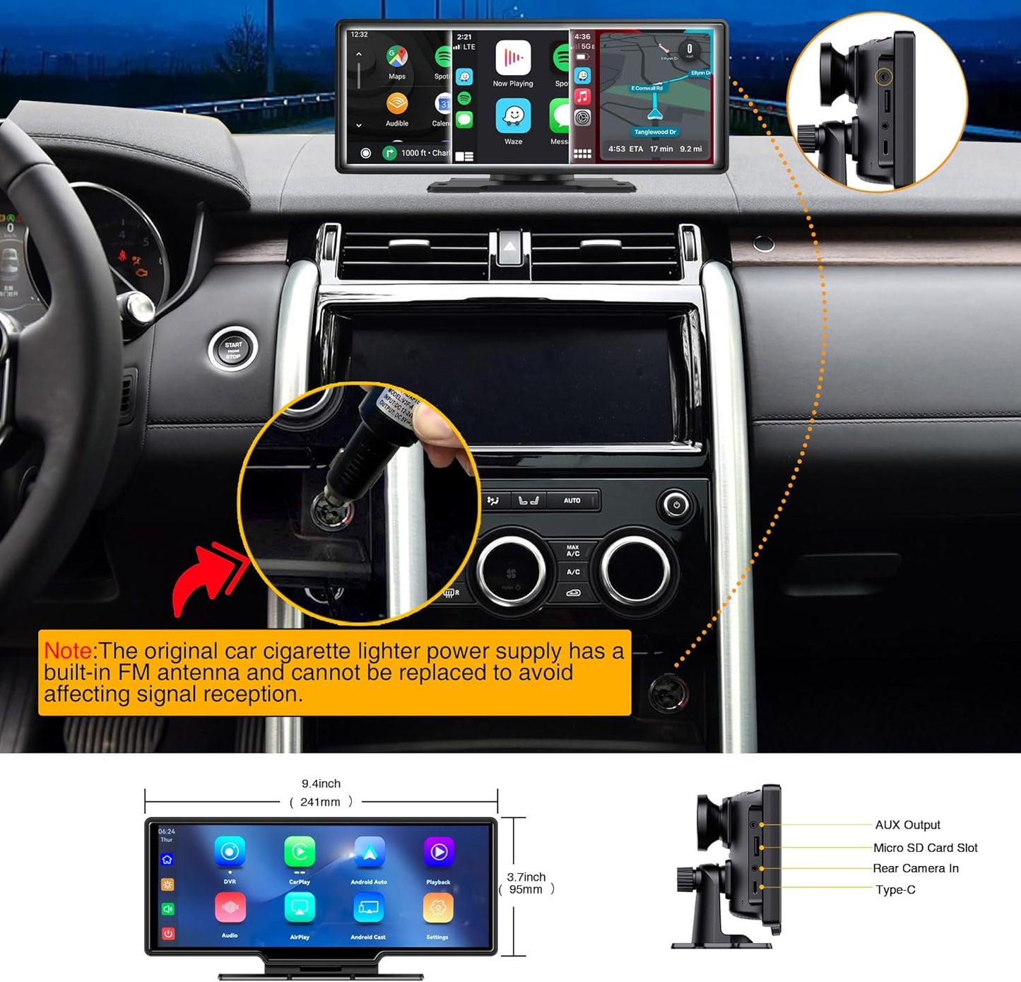 SCUMAXCON Draagbare Auto Stereo Draadloze CarPlay Android Auto 4 K Dash Cam met Backup Cam Airplay 10.3 inch IPS Touchscreen Loop Opname GPS Navigatie Bluetooth FM AUX Ingebouwde Speaker Android Cast