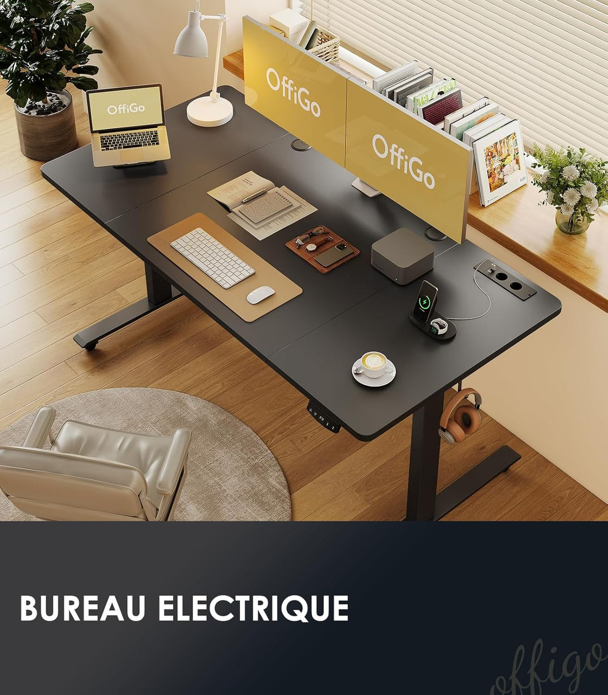 OffiGo Bureau Assis-Debout, 160 cm Elektrisch Bureau met Stopcontacten en USB, Standing Desk met 2 Geheugenstanden, Elektrische Tafel voor Thuis, Zwart