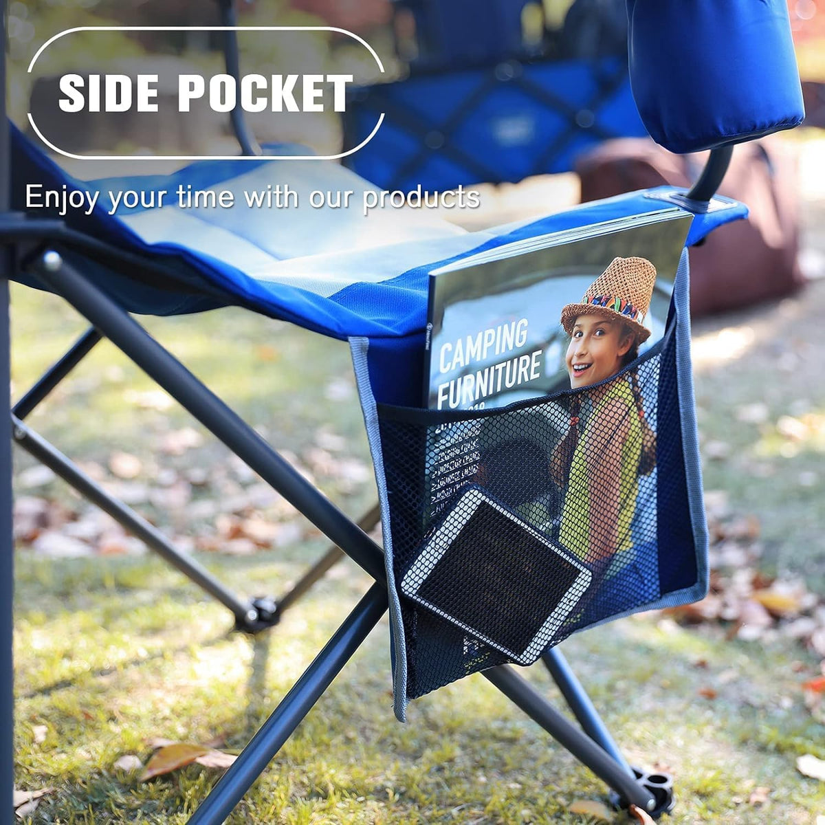 EVER ADVANCED Campingstoelen voor volwassenen set van 2 ondersteunt 160 kg zware mensen klapstoel luxe outdoor met hoge rug en bekerhouder en zijvakken opvouwbare stoel gewatteerd blauw
