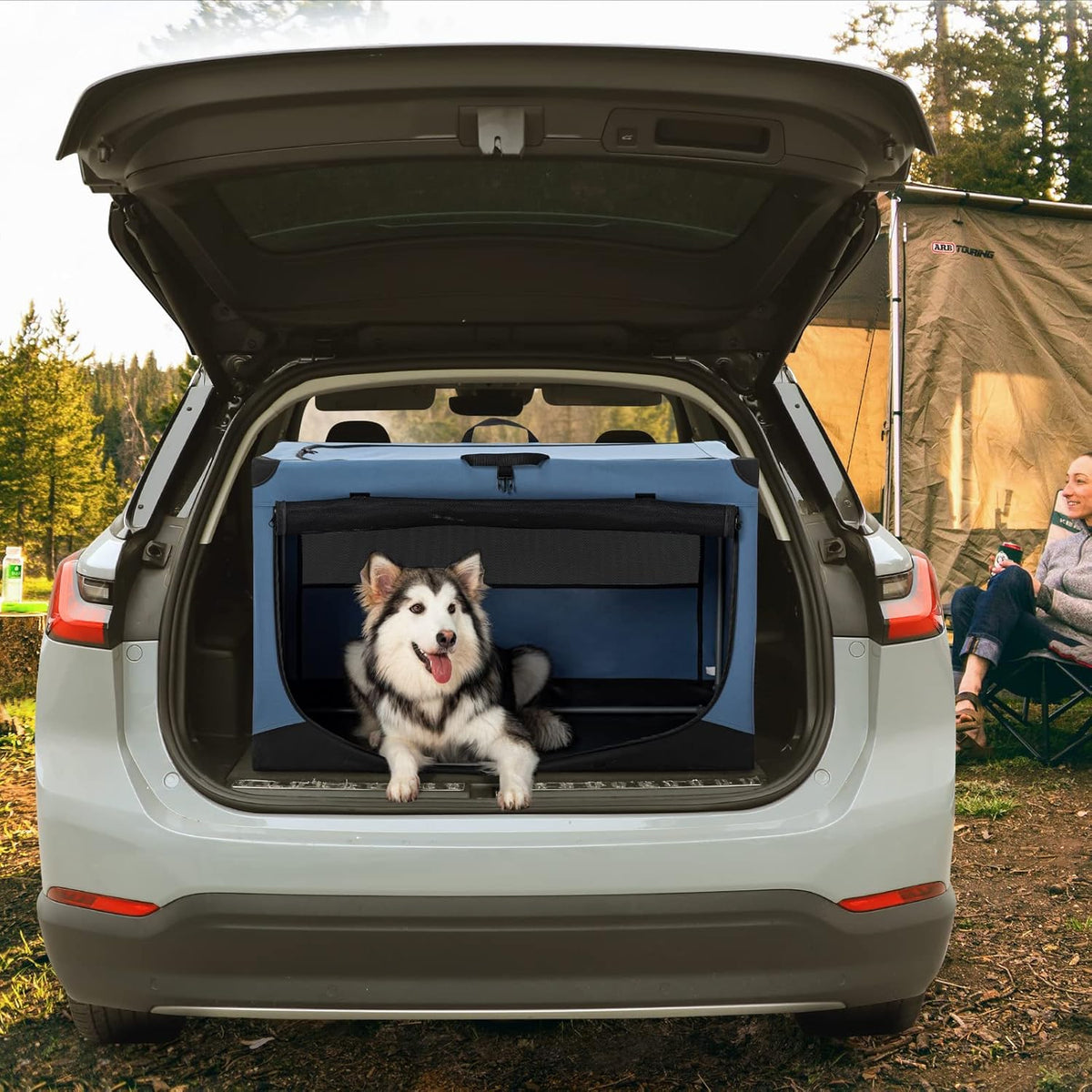 Petsfit Opvouwbare hondenbox, hondenbench voor thuis, verstelbare stoffen hoes met spiraalijzeren buis, hondenkrat, stof, grote honden, 3 deurdesign, eenvoudig transport, makkelijk opbergen, XL, blauw