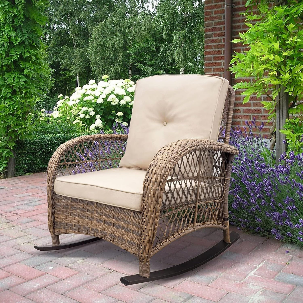 ATR ART TO REAL Tuin schommelstoel, outdoor rotan schommelstoel met all-weather handgeweven hars rieten, terras ontspannende lounge meubels met gepoedercoat metalen frame voor achtertuin, veranda
