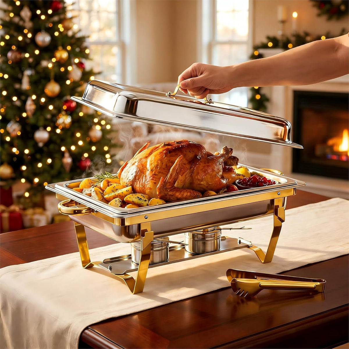 4-pack roestvrijstalen schaafschalen voor buffet, 9 QT-capaciteit voedselverwarmers voor feesten, bruiloften, evenementen hosting, familiebijeenkomsten, volledige set cateringserver met serveergerei