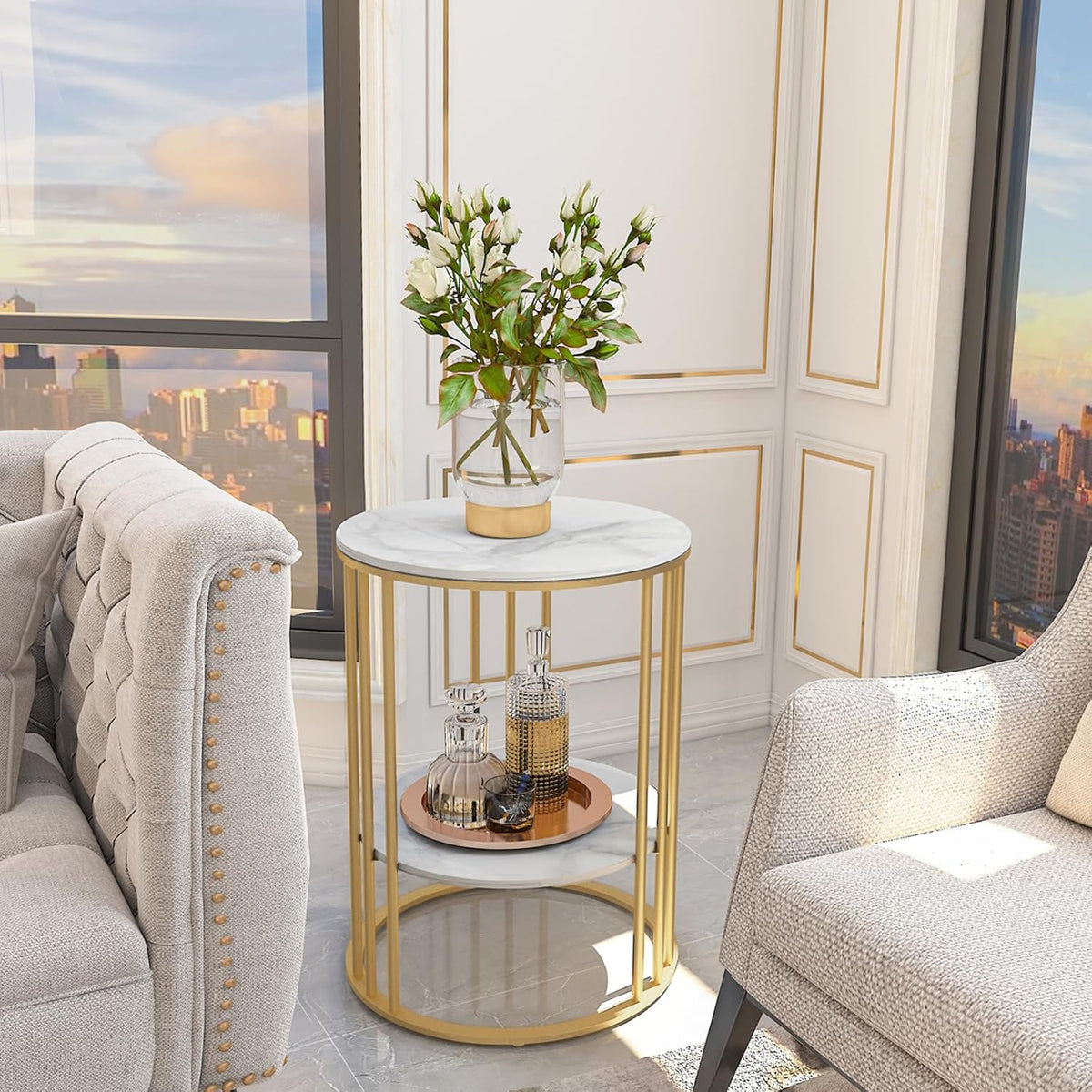 Marmeren Top Bijzettafel Goud: Kleine Ronde Eindtafels 40 x 54 cm Gesinterde Steen Nachtkastje met Metalen Gouden Poten Moderne Witte Nachtkast 2-laags Ronde Sofa Salontafel voor Slaapkamer Woonkamer