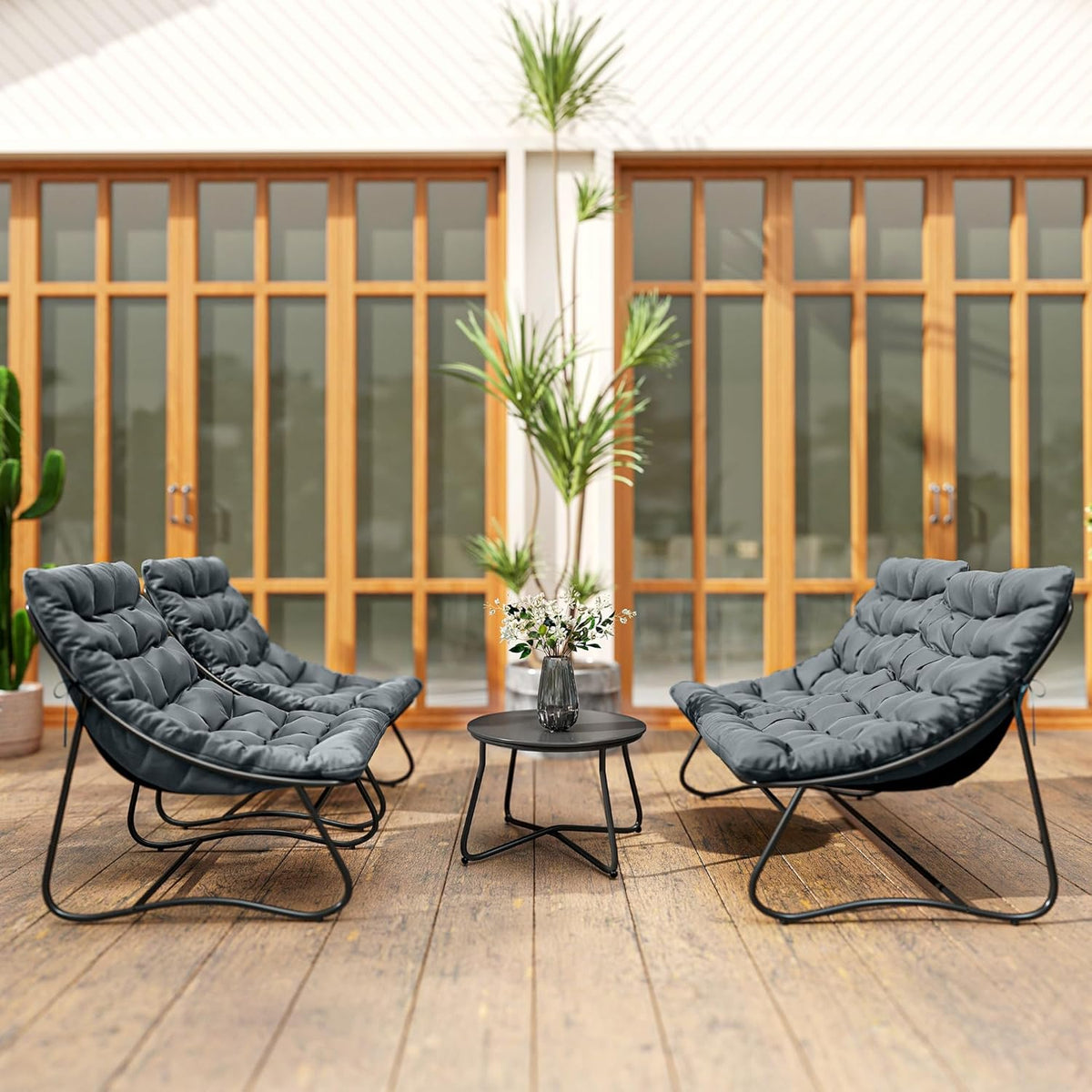Outsunny Stahl Gartenmöbel Set 4 Persons wetterfest Balkonmöbel-Set mit 2er Sofa, Sessel Beistelltisch Sitzkissen Outdoor Sitzgruppe Terrassenmöbel Gartengarnitur für Garten Terrasse Balcony Grau
