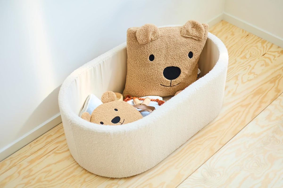 CHILDHOME, Babywieg, 2-in-1, schaalbaar, 0-6 maanden, berkenhout en teddymateriaal, tafel voor kinderen, activiteitstafel 6 maanden tot 6 jaar, matras inbegrepen, veilig, teddy ecru