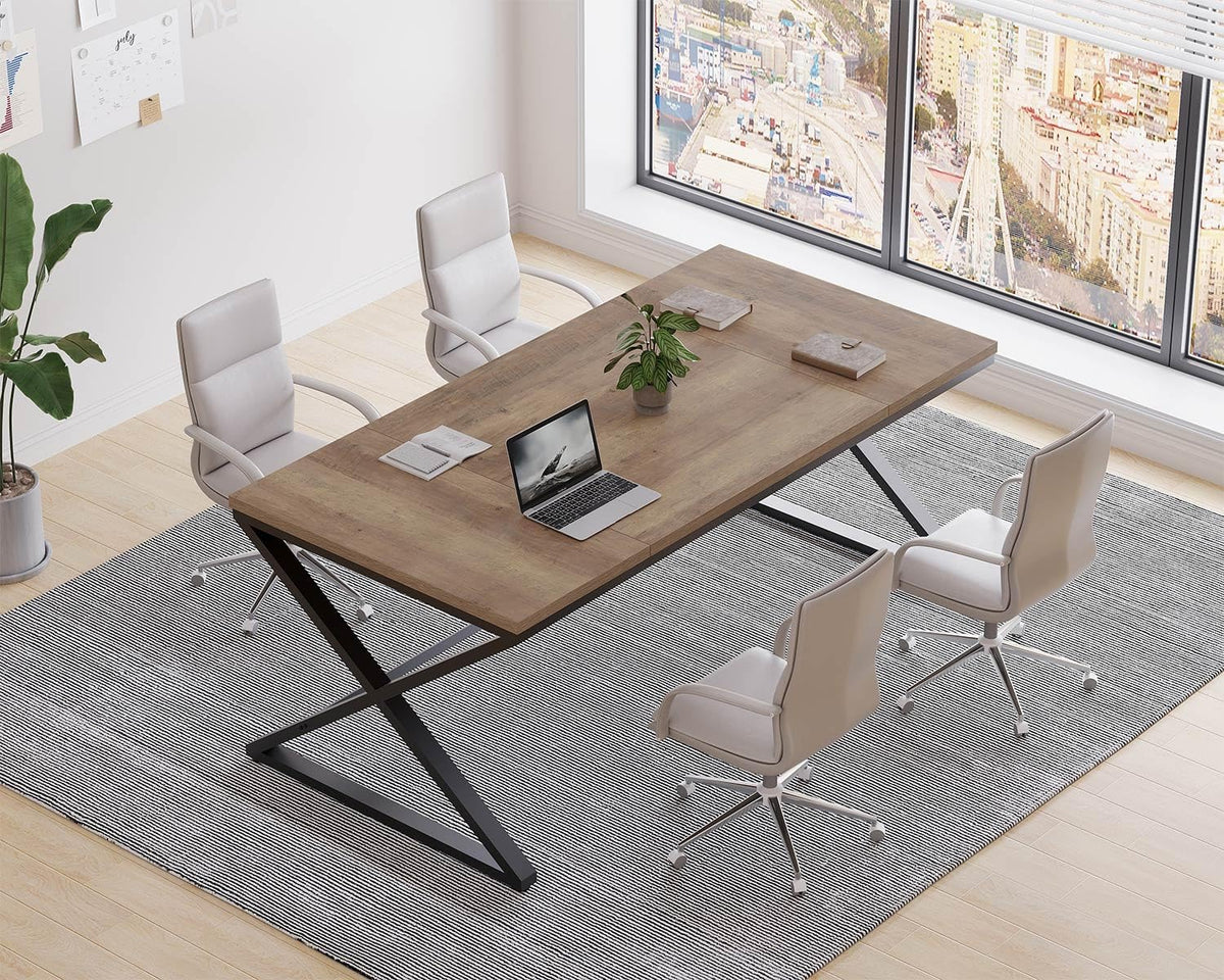LVB Rustiek Groot Bureau voor Thuiskantoor, 70.8" Lang en Breed Computerbureau, Houten Metalen Werktafel voor Leren Schrijven Gamen, Boerderij Dubbel Monitor Werkstation Executive Computer Desk, Licht