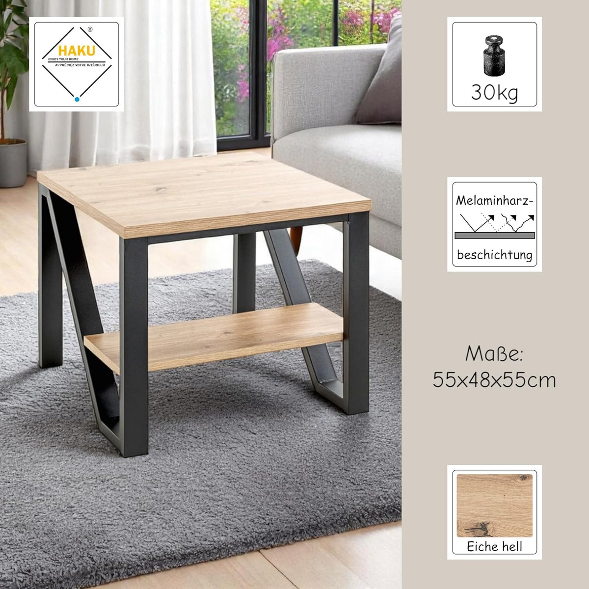 HAKU Bijzettafel eiken, zwart, MDF, metaal - Maat: B 55 cm x H 48 cm x D 55 cm, Stijl: Modern