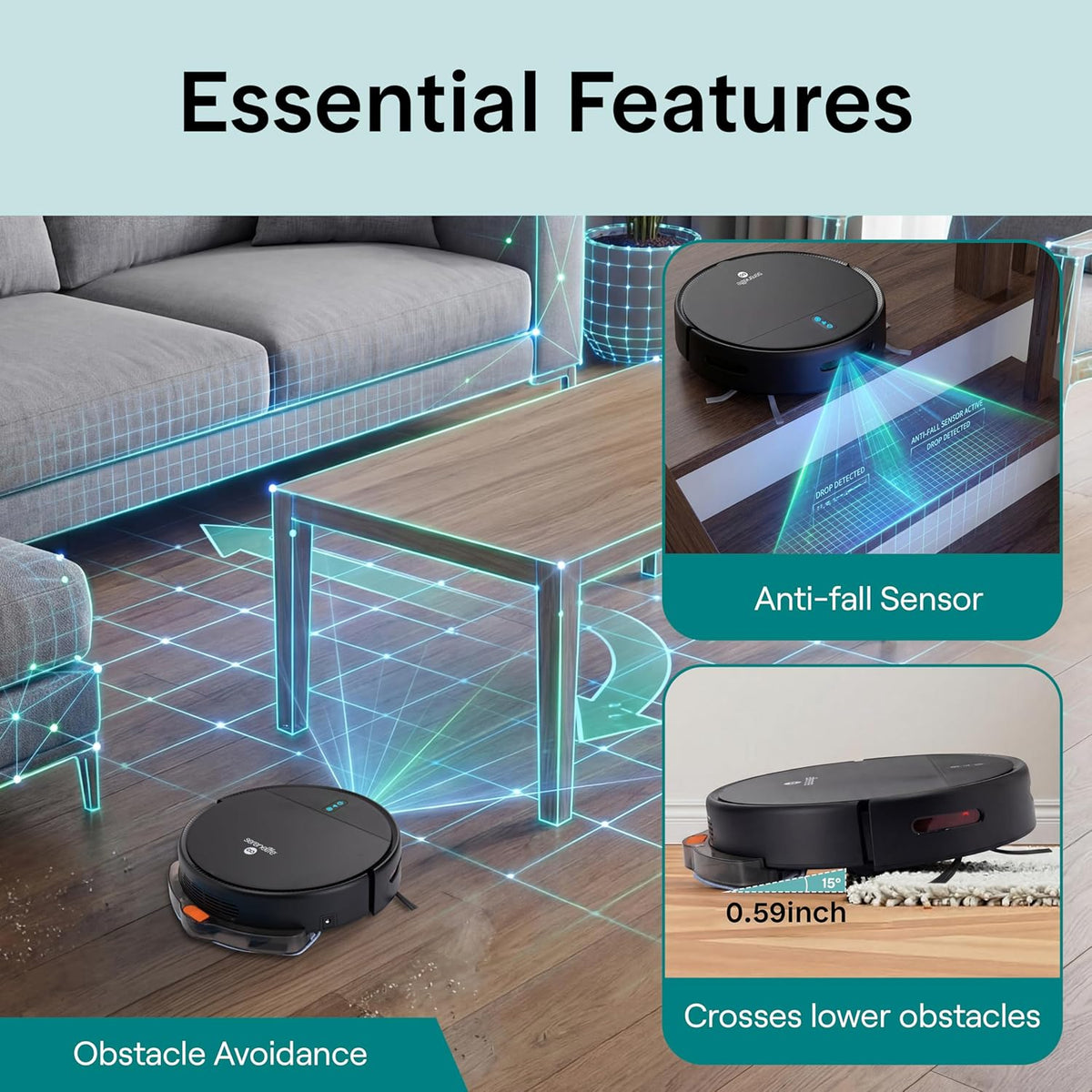 SereneLife Slimme Robotstofzuiger met Dweilfunctie – App-Bediening, 3 Reinigingsmodi, Anti-Valsensoren, Automatisch Opladen, 700Pa Zuigkracht, Ideaal voor Huisdieren, Tapijt & Harde Vloeren – Zwart