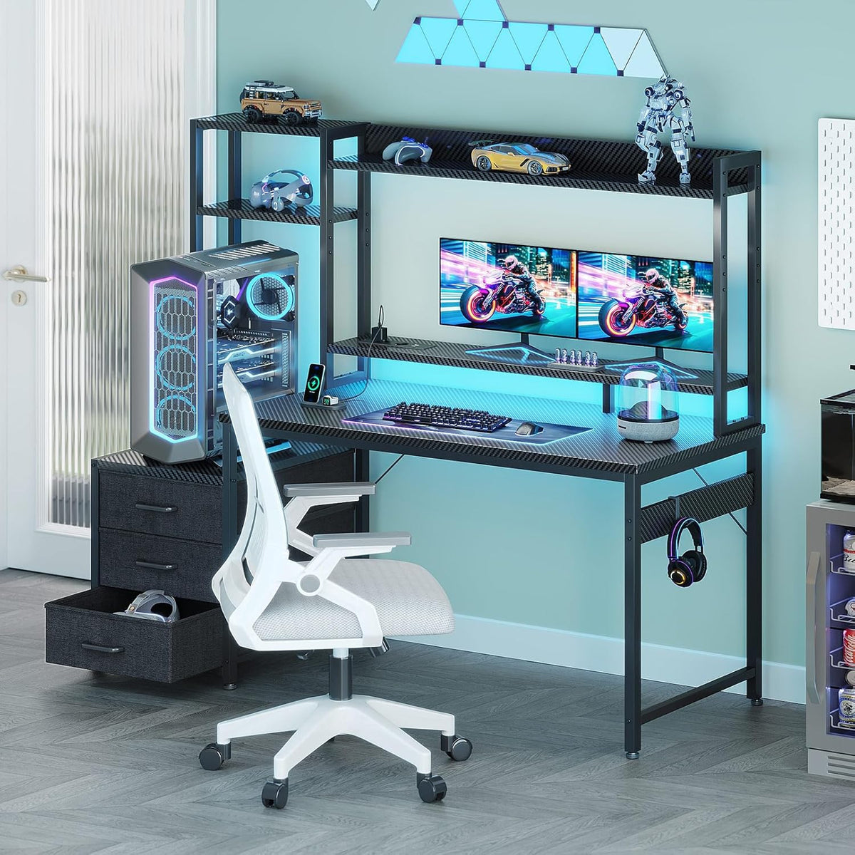 Coleshome Gamingbureau met Plank en Lades, 120×48 cm Gamebureau met LED-verlichting & Ingebouwd Stopcontact, Computertafel met Opbergplanken & Monitorstandaard