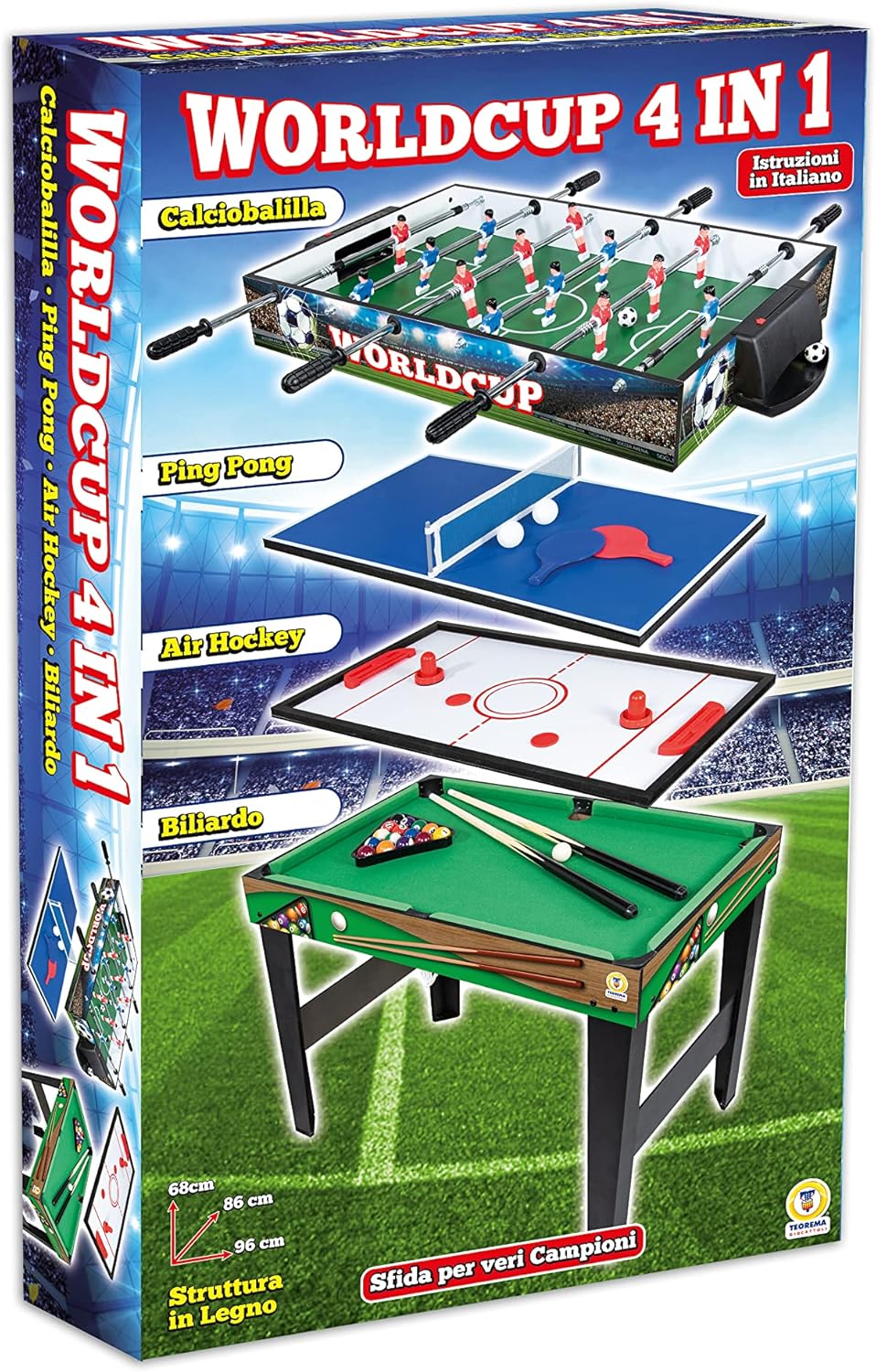 Teorema 67359 4-in-1 Wooden Game Table Football Table Tennis Air Hockey Billiards Size 96 x 86 x 68 cm - QUORE