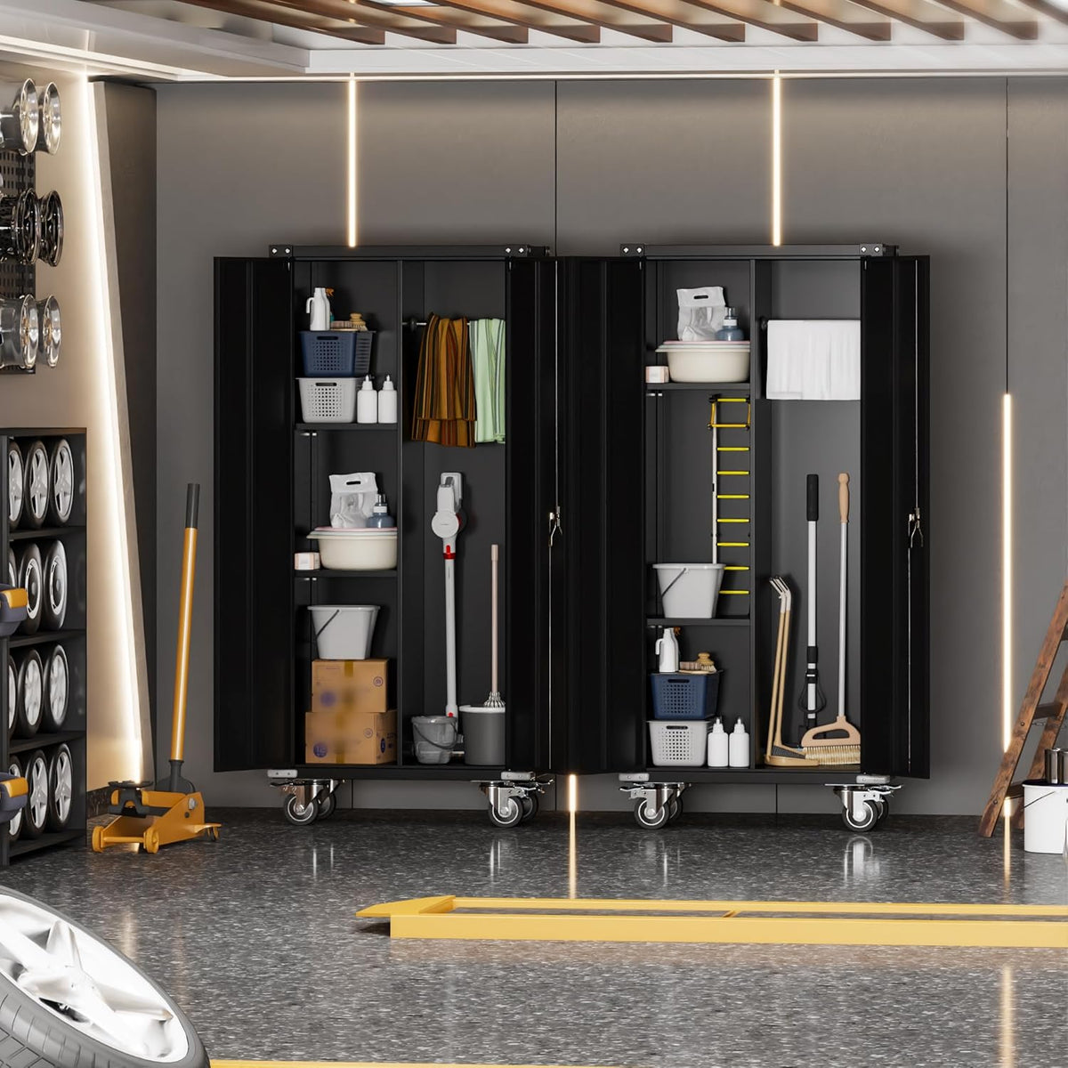 Metal Broom Cabinet, Cleaning Agent Cabinet, Multifunctional Cabinet, Metal Storage Cabinet with Wheels, Broom Cabinet with Hanging Bar, 180 x 80 x 40 cm (Black)