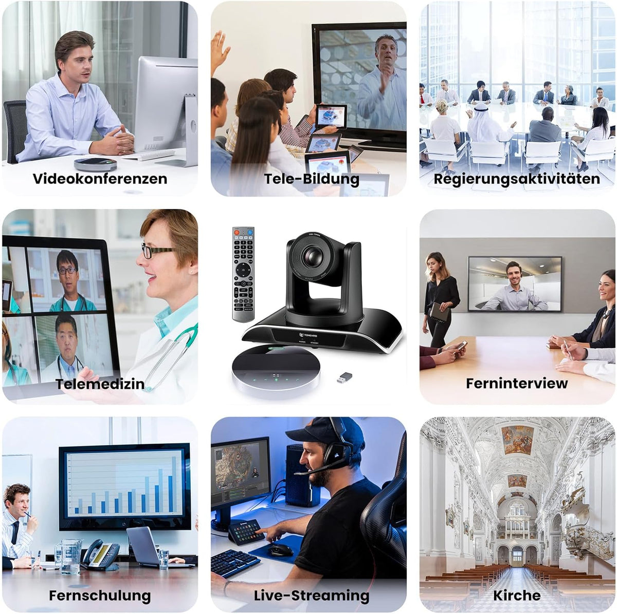 TONGVEO All-in-1 conferentiekamercamera en bluetooth-microfooncombinatie, 1080p 60 fps, 3 x optische zoom, USB 3.0 HDMI, PTZ-camera en handsfree-installatie voor conferenties met microfoons
