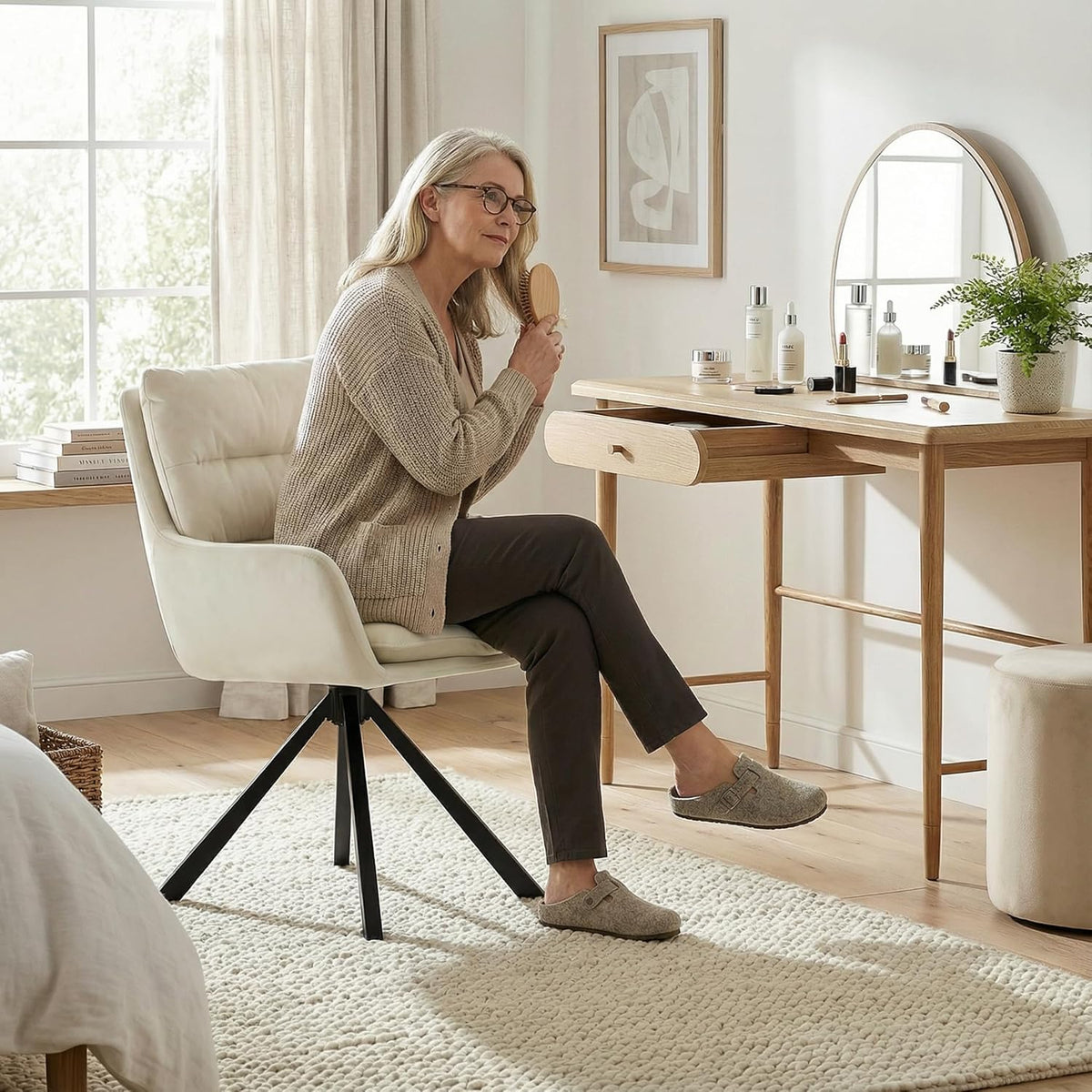 Eetkamerstoelen, draaibaar, set van 1 met armleuning, 360 graden draaibare enkele stoel met dubbele rugleuning, afneembaar zitkussen, fluweel, keukenstoel voor eetkamer en woonkamer, kantoor