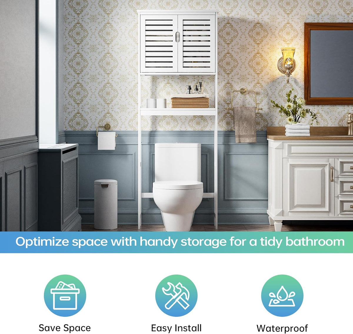 SMIBUY Badkamer boven het toilet opbergkast, 2-deurs bamboe kast organizer, vrijstaand ruimtebesparend toiletrek met verstelbare binnenplank en open plank (wit)