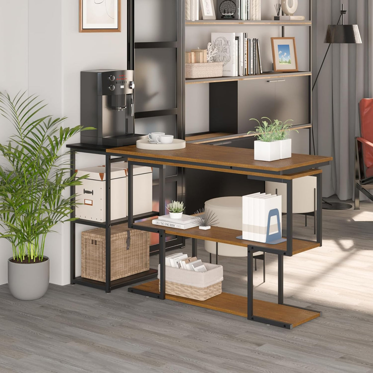 Mondeer L-vormig computerbureau, hoekbureau, 360° draaibare planken en verstelbare opbergplanken, ruimtebesparend voor thuiskantoor, studio-werkstation, rustiek bruin en zwart