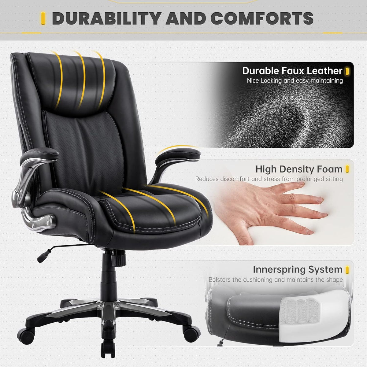 Bureaustoel – Computestoel – Kantoorstoel – Office Chair – Werkstoel – Grote Zitbreedte 58,4 cm – Inklapbare Armleuningen en Verstelbare Hoogte 49-59 cm