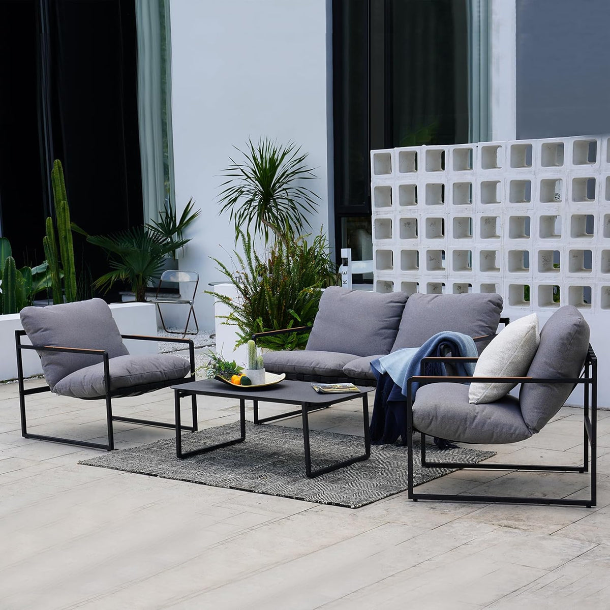 Grand patio Rope Loungeset, 4-zits tuinmeubelset met kussen, 2-zitsbank, 2 stoelen en 1 tafel, metalen zitgroep voor tuin, terras, buiten, binnen