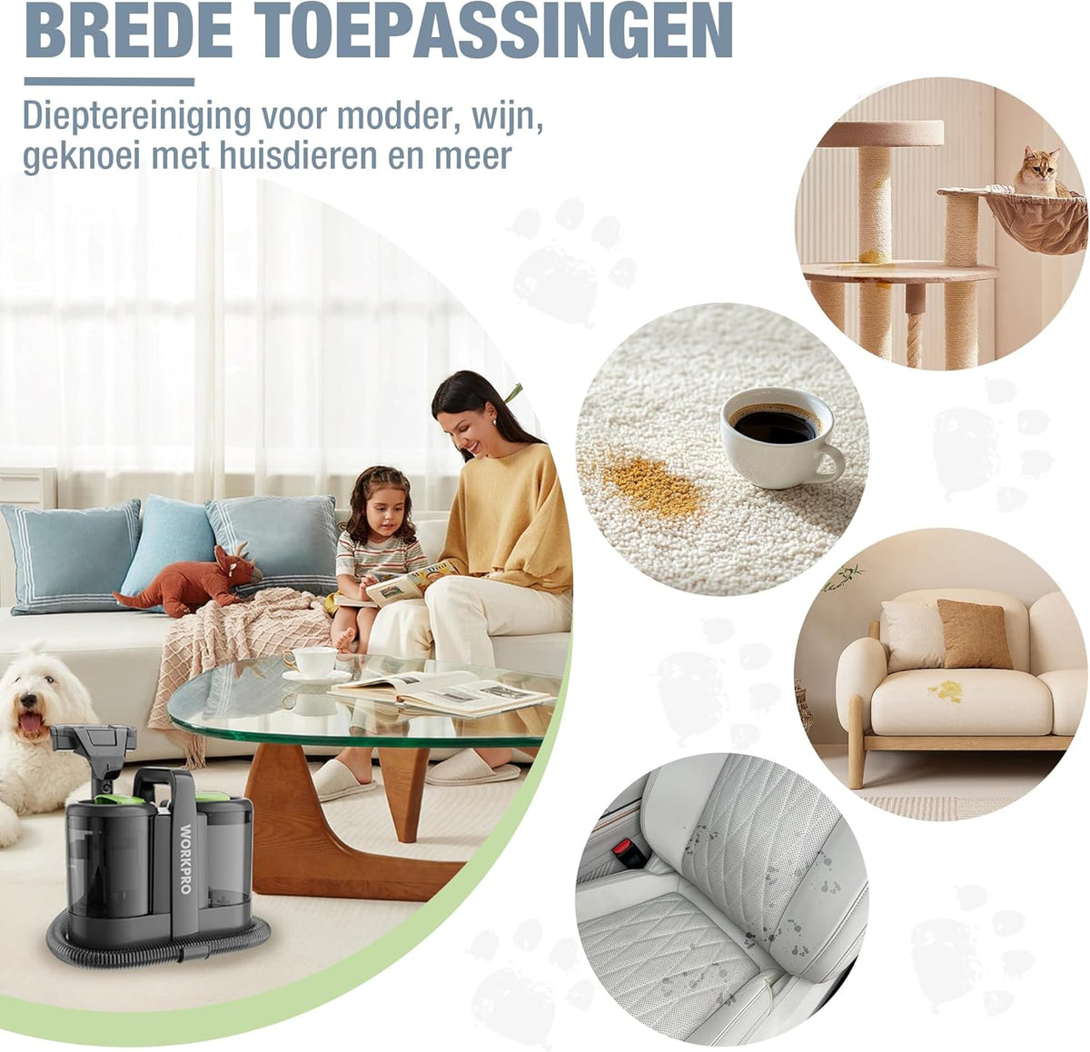 WORKPRO Tapijtreiniger 450W 13kPa, Waszuiger 1,6L met Reinigingsmiddel en 2 Borstelkoppen, Bekledingreiniger voor Tapijt, Bank, Auto